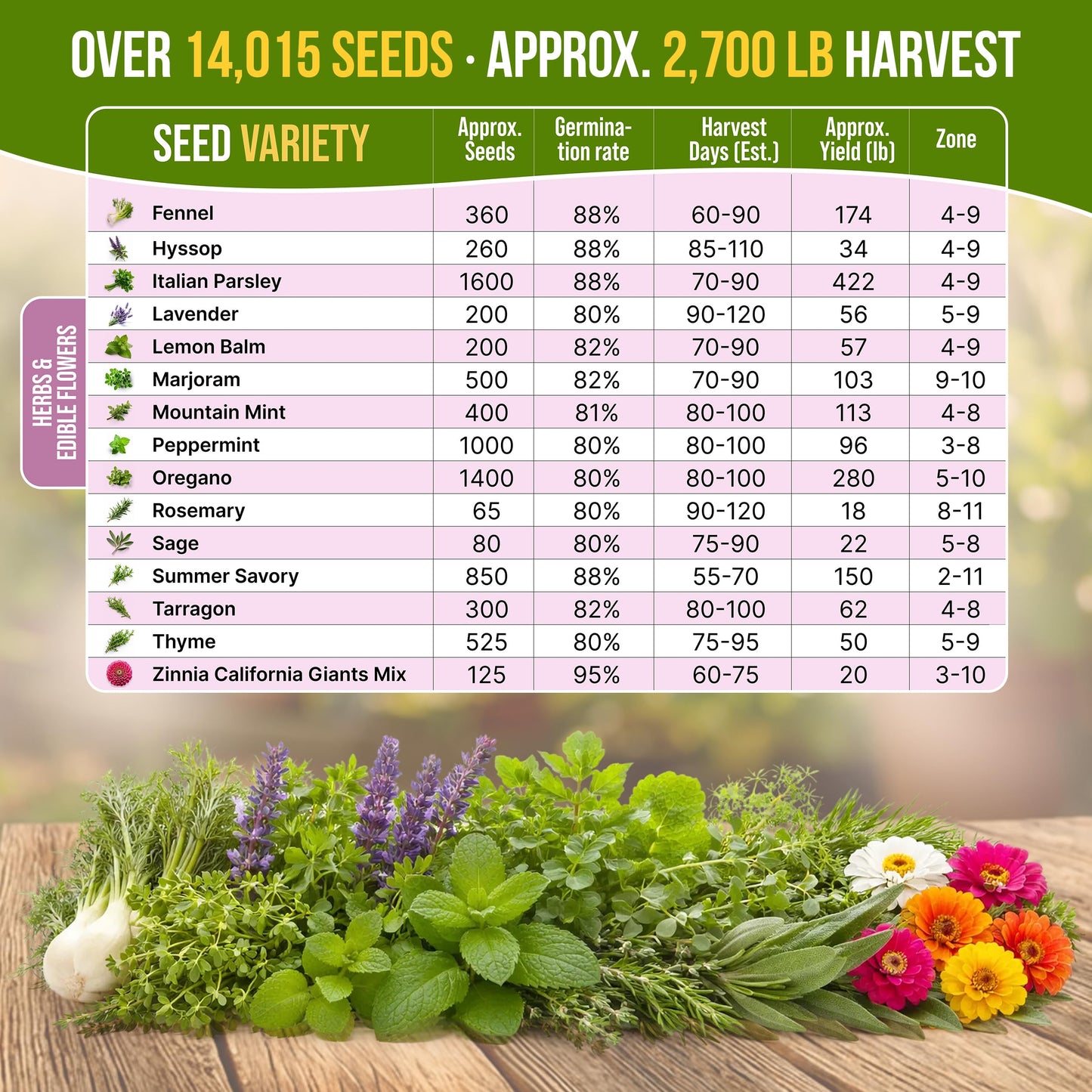 Organo Republic 30 Culinary Herbs & Edible Flower Seed Variety Pack- Indoor/Outdoor. 14000+ Non-GMO Heirloom Flower Seeds: Basil, Borage, Echinacea, Lavender, Oregano, Rosemary Seeds & More