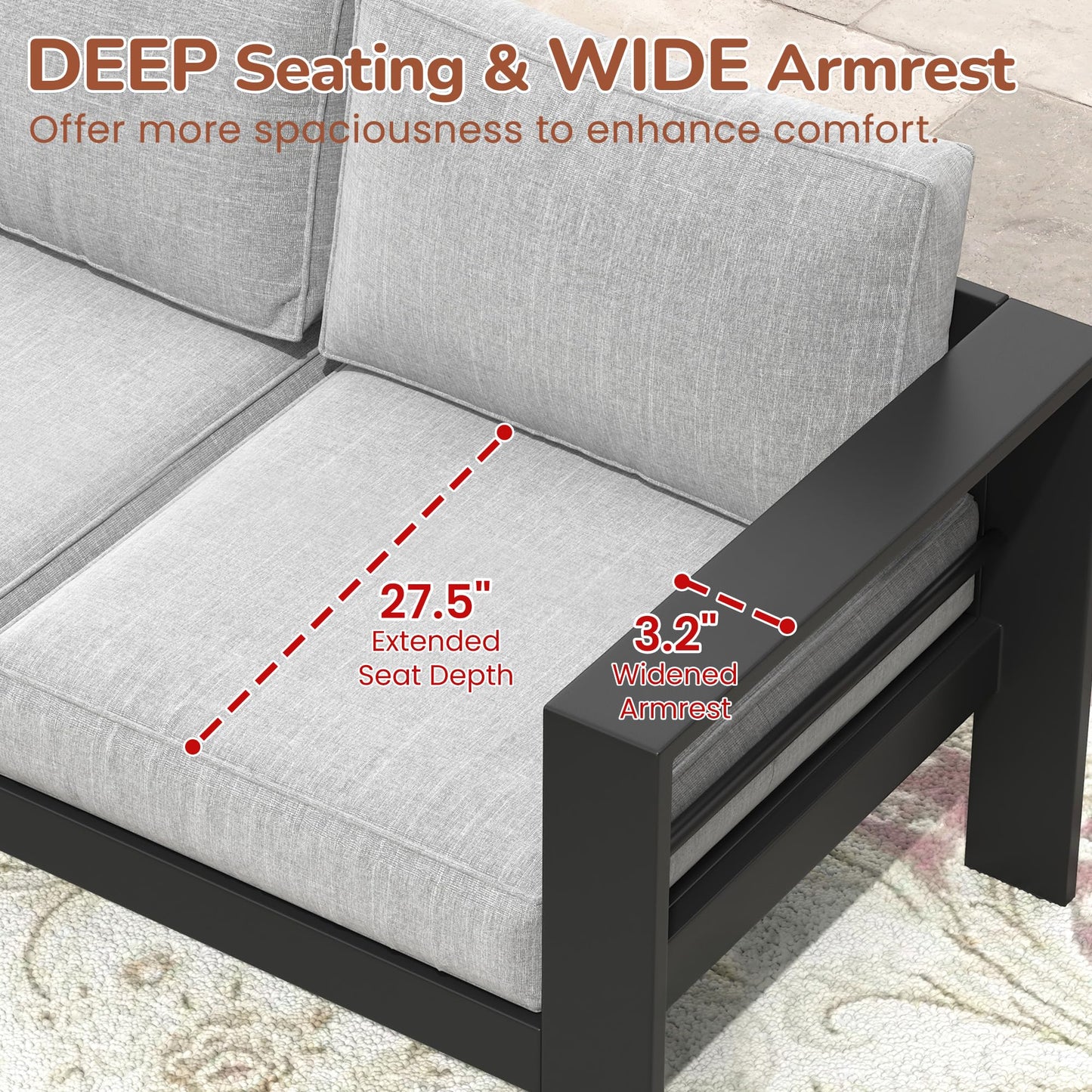 Solaste Aluminum Patio Loveseat, Metal Patio Sofa with Water-Resistant Cushion, Weather-Resistant Modern Outdoor Loveseat, Black Frame Grey Cushion