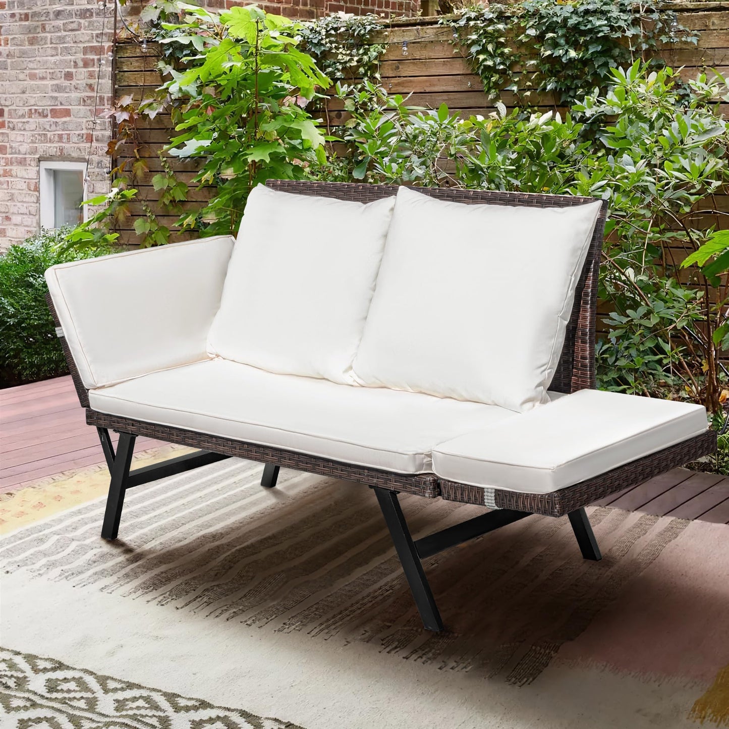 Greesum Outdoor Sofa, Woven Rattan Patio Furniture, Convertible Daybed or Double Chair with Adjustable Armrests, Cushions and Pillows for Yard, Porch, Pool, Brown Lounger & Beige Pillowcase