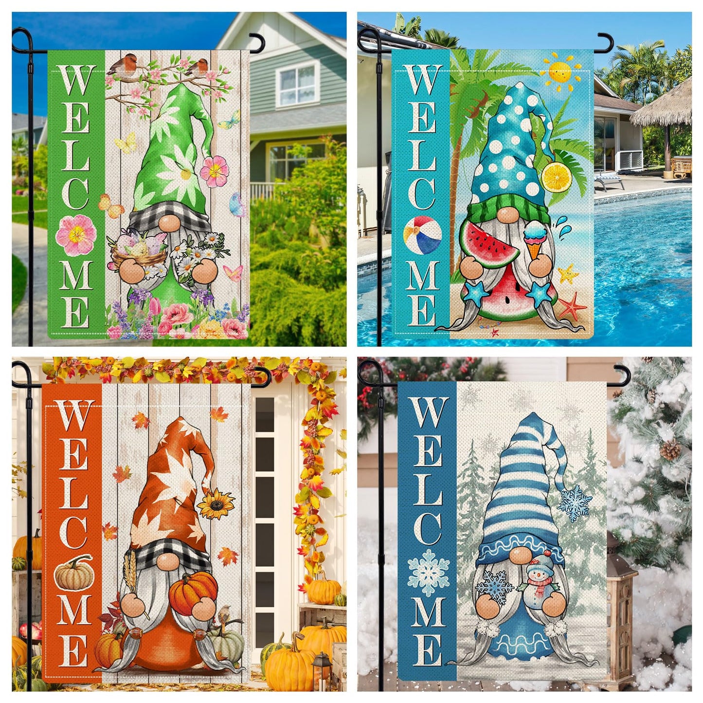 YOVOYOA Gnome Garden Flags for Outside Set of 12, Welcome Seasonal Garden Flags 12x18 Double Sided, Gnomes Holiday Lawn Flags, Gnome Winter Spring Outdoor Garden Flag for Yard Farmhouse Decor