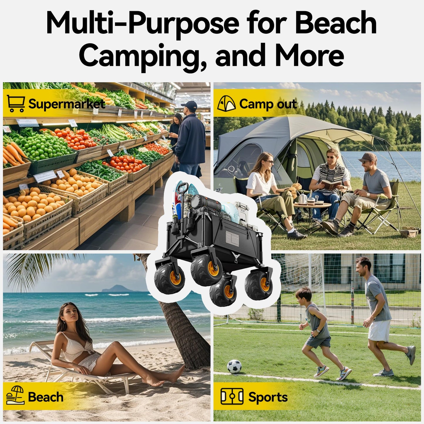 DXZ Beach Wagon Cart with Big Wheels for Sand – Folding Collapsible Wagon, Heavy Duty Wagons Carts Foldable for Beach, Camping, Outdoor Gear, Easy Setup Black Yellow