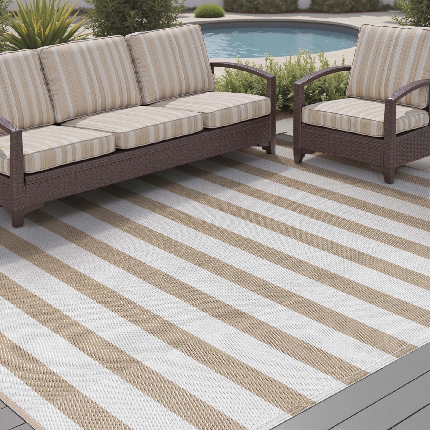 PureCozy Outdoor Waterproof Patio Rug 9x12 Plastic Straw Reversible Lightweight Outside Beige Striped Large Carpet Outdoor for Camping RV Porch Deck Balcony Beach