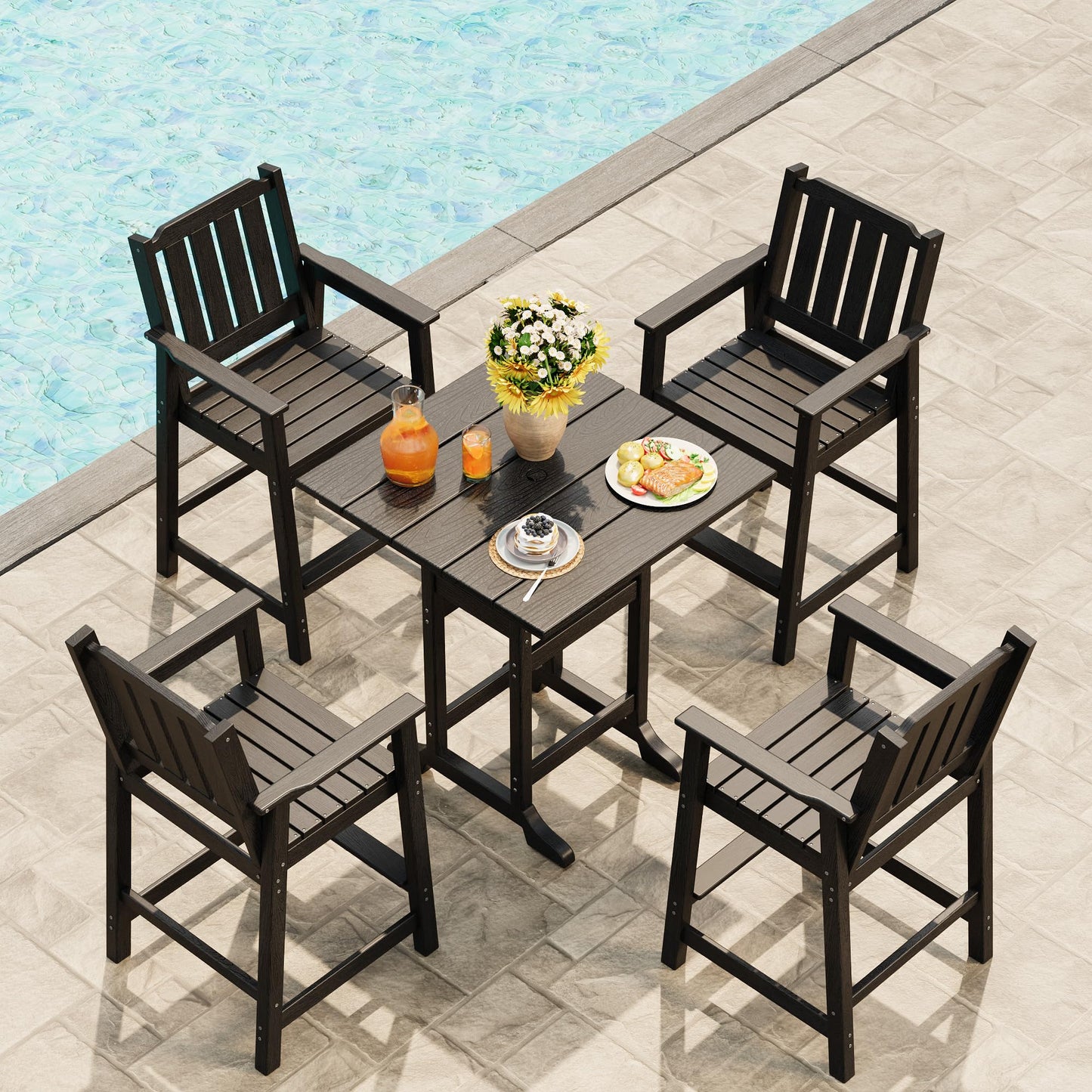 GarveeHome Outdoor Bar Chairs Set of 4, Patio HDPE Garden Chairs with Ergonomic Wide Seat and Footrest, Waterproof, All-Weather Durable Bar Stools for Balcony, Backyard, Poolside, Black