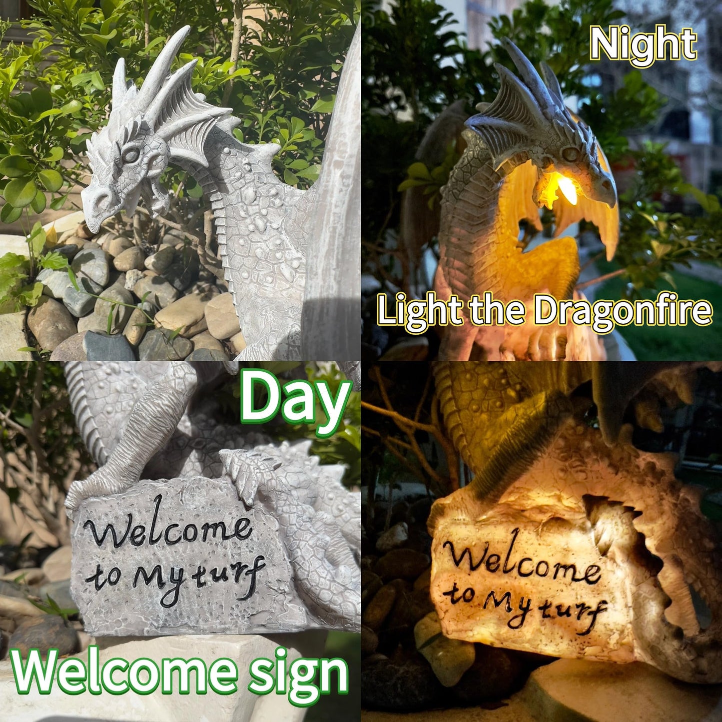 Jy.Cozy Garden Large Dragon Statue Solar Powered Outdoor Figurine Light The Dragonfire Welcome to My Turf Sign Big Resin Sculpture Home Decoration Housewarming Ornament Unique Gift