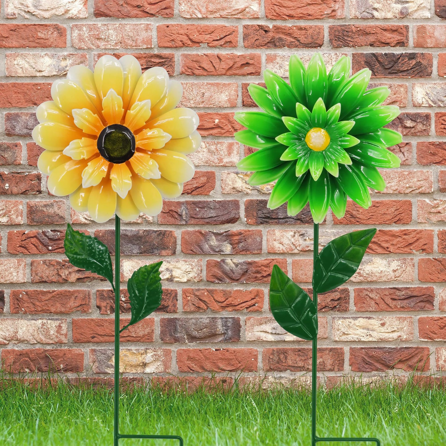 2 Pack Metal Flower Wind Spinners, Yellow Sunflower & Green Daisy Garden Stakes Yard Art, Decorative Floral Pinwheels Lawn Ornaments for Outdoor, Patio, Backyard and Flower Bed Spring Decor