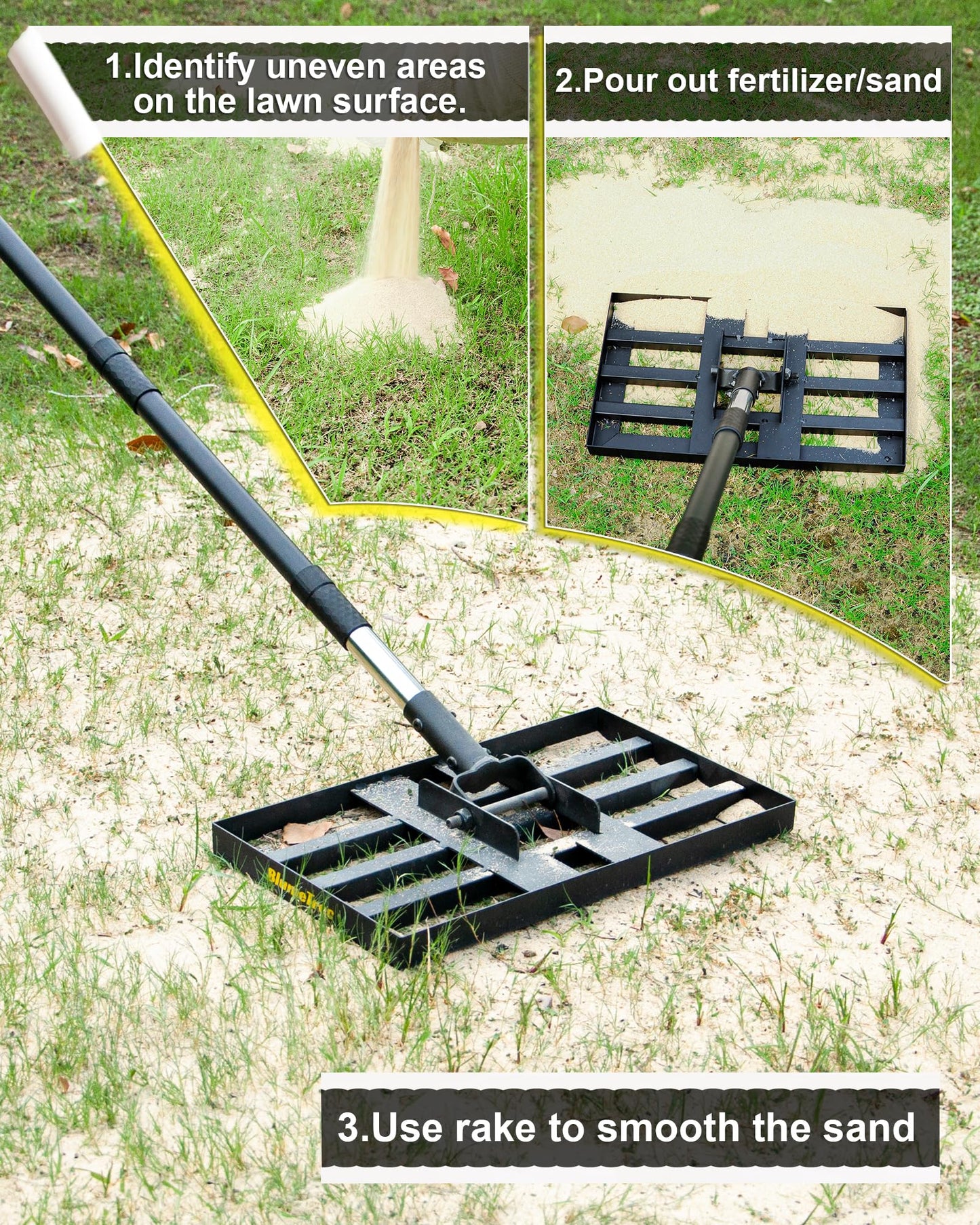 BlumeTrec Lawn Leveling Rake, 17"x10" Heavy Duty Sand Leveling Tool with 6.7FT Stainless Steel Long Handle, Golf Rake for Soil, Compost, Gravel, Lawn Leveler for Yard, Garden, Landscaping Level Tool