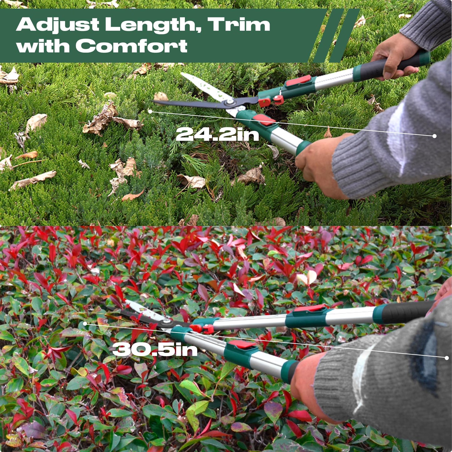 GARTOL Extendable Hedge Shears - 24 to 30 Inch Telescopic Garden Clippers with 8” Wavy SK5 High Carbon Steel Blade, Heavy Duty Manual Shrub Trimmer & Bush Shears for Boxwood, Yews & Decorative Hedges