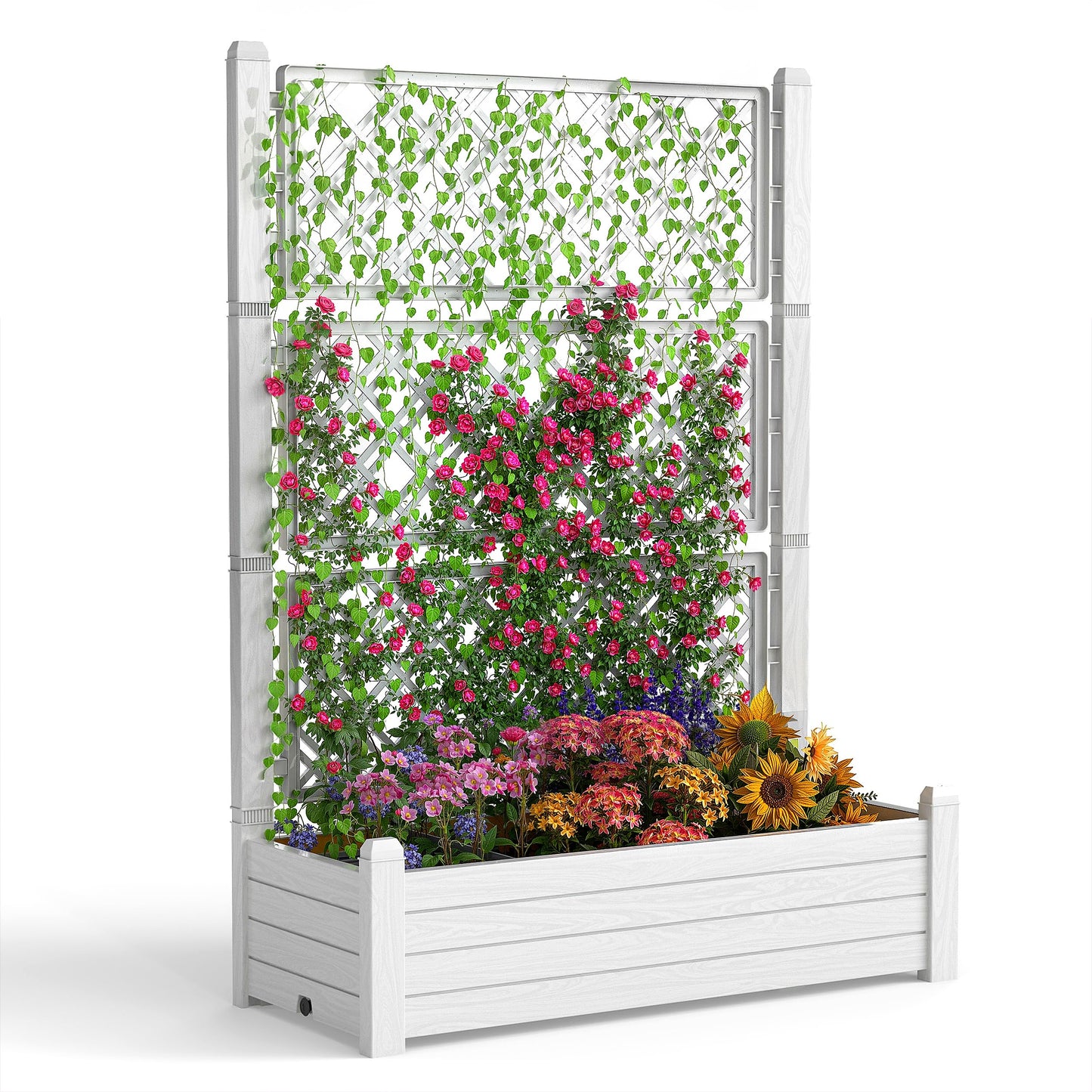 EasyUp Raised Garden Bed with Trellis for Climbing Plants, Outdoor Herb Planter Box with Drainage Plug & Water Gauge, Durable Resin for Patio, Balcony, Yard, Dust-Proof Garden Planter