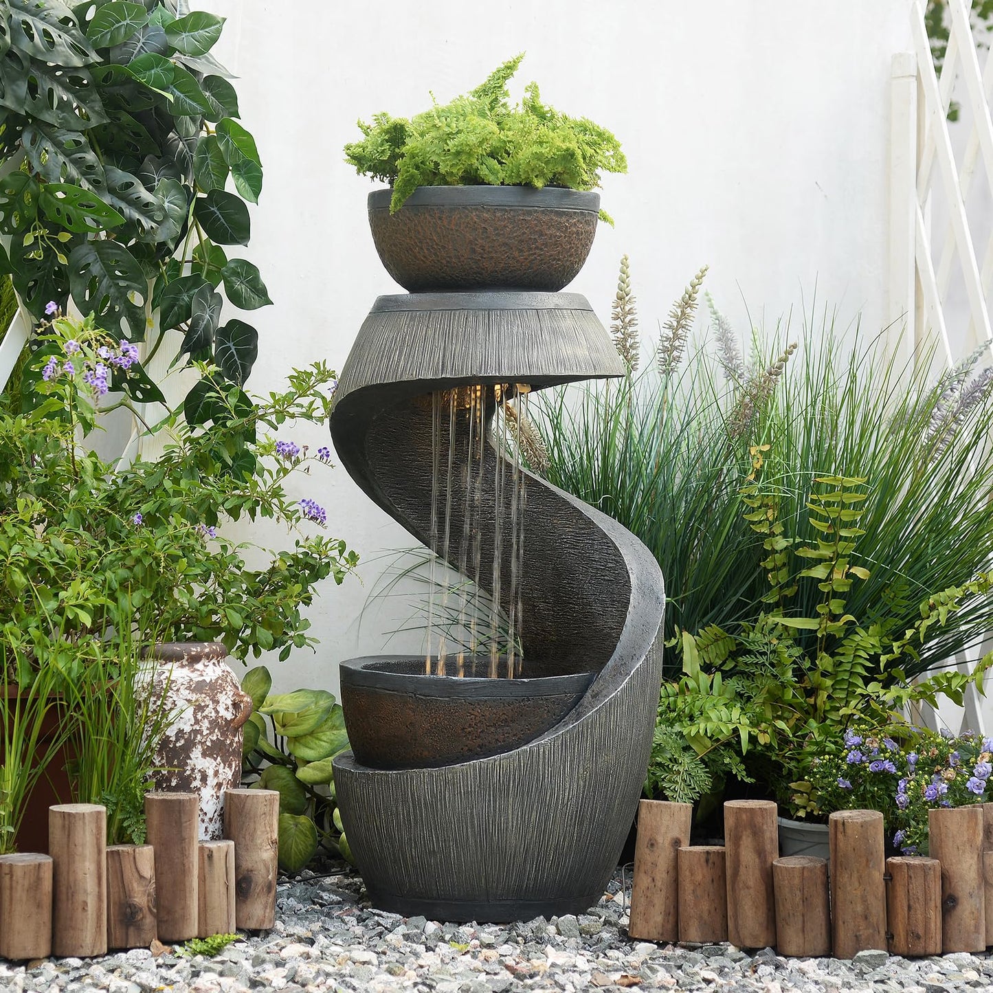 Sunlinua 31.9" S-Shaped Water Outdoor Fountain–Modern Cascading Waterfall Feature with LED Lights & Planter Bowl, Garden Fountains Outdoor for Patio, Balcony, Yard or Home Decor, Resin Waterfall