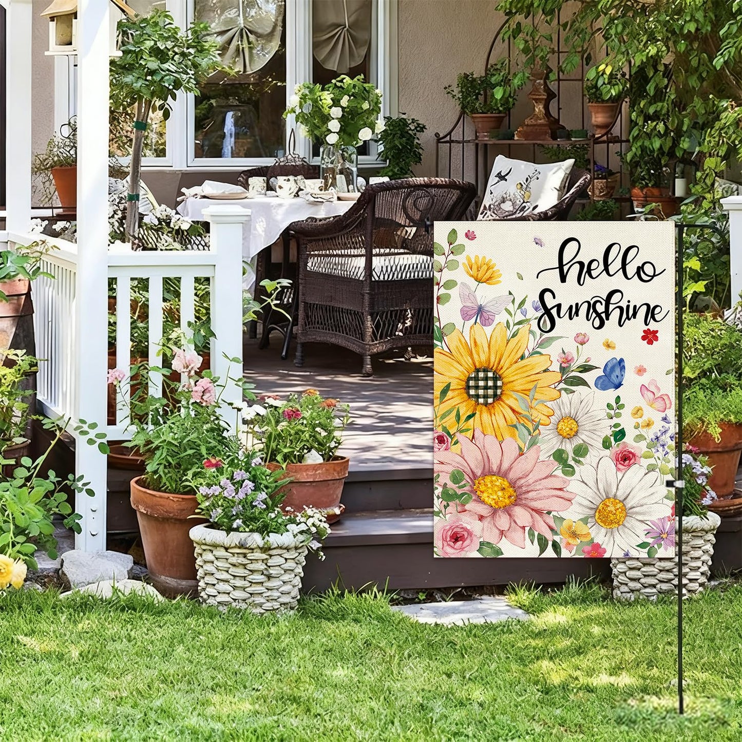 Baccessor Spring Summer Garden Flag Double Sided 12.5 x 18 Inch Burlap with Clip and Stopper,Hello Sunshine Sunflowers Daisy Flag Seasonal Farmhouse Yard Lawn Outside Outdoor Decoration