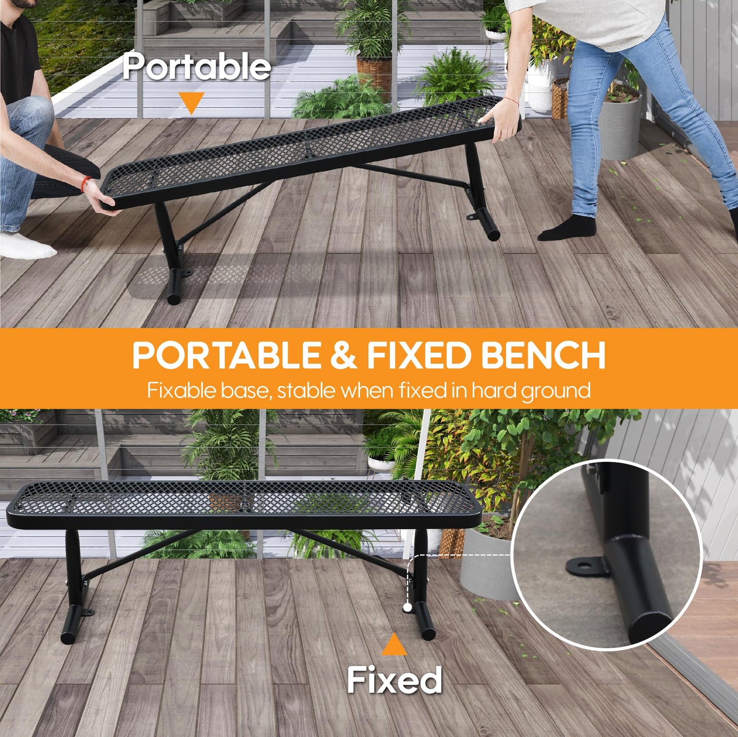 Congfutt 6FT Metal Park Bench for Outside, All-Weather Thermoplastic Coating Outdoor Bench with Anchor, Commercial Heavy Duty Benches for Shopping Malls, Stores, Parks, Patios, Decks, Black