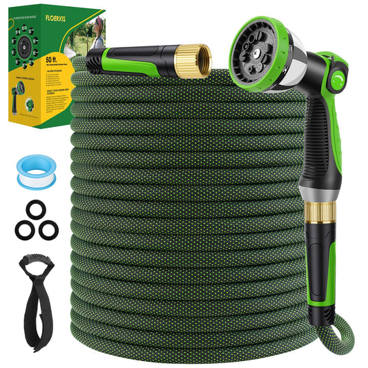 FLOERXIS Non-Expandable Garden Hose 50 FT, Lightweight Hose with 10 Function Spray Nozzle, Kink-Free Flexible Water Hose, Durable, Leak-Proof, 360° Swivel Connectors, Portable Storage Strap