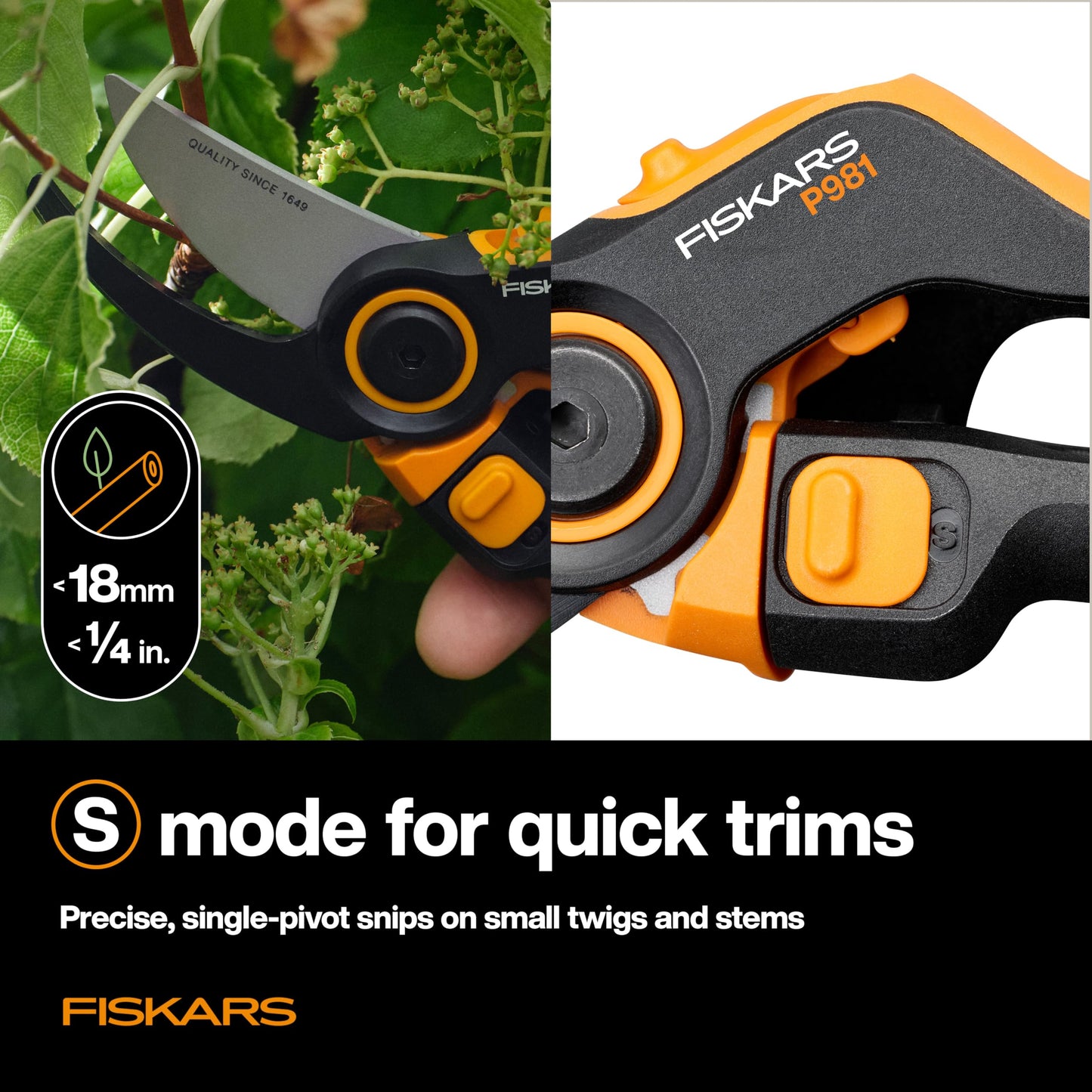 Fiskars DualAction Pruner – Hand Pruner with Two Cutting Modes, Bypass Garden Pruner for Stems and Branches up to 1", Low-Friction Steel Blade, FiberComp Frame
