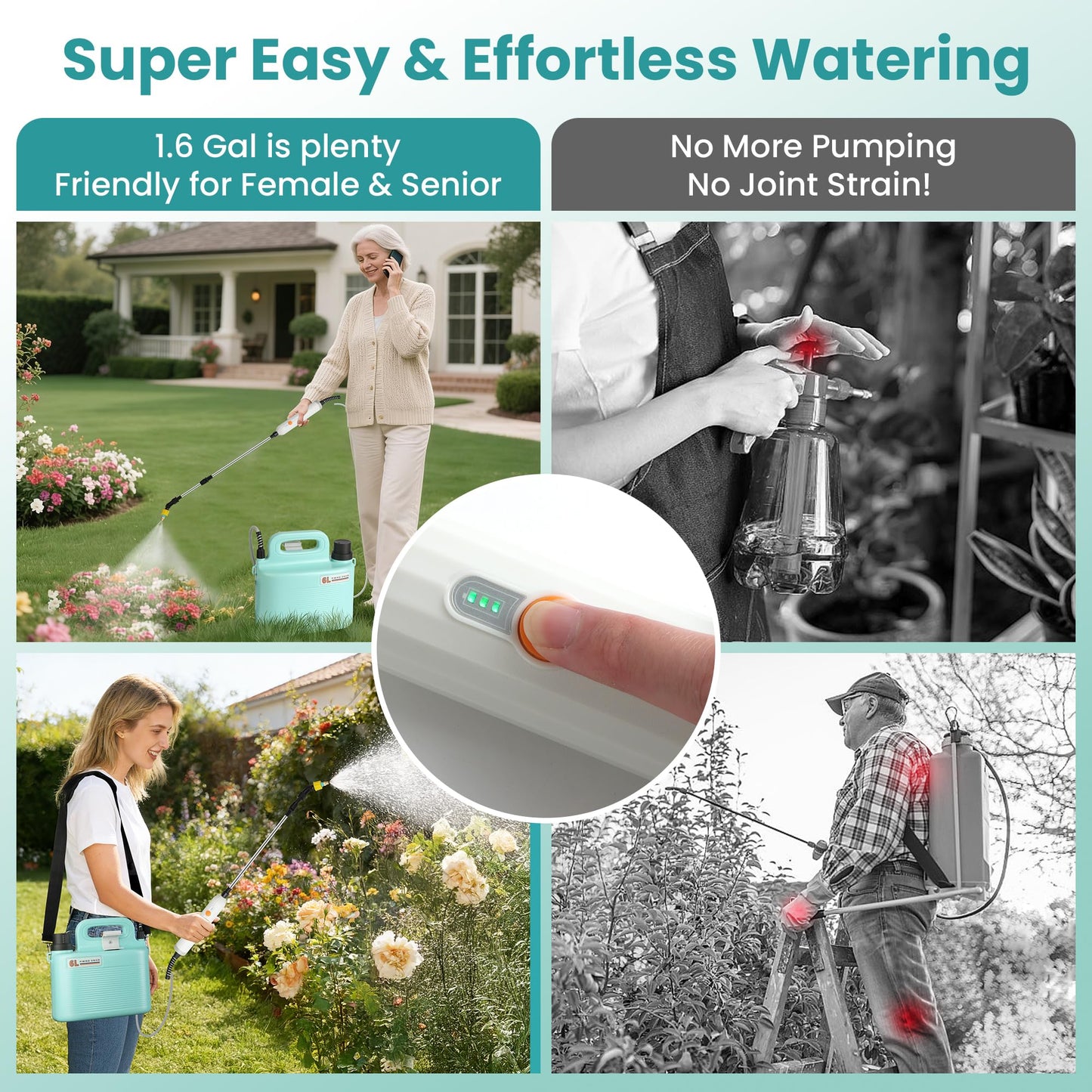 Electric Garden Sprayer 1.6 Gallon - Battery Powered Weed Sprayer Wtih 3 Nozzles, Backpack Sprayer in Lawn and Garden, Pump Sprayer for Gardening, Watering & Spring Planting