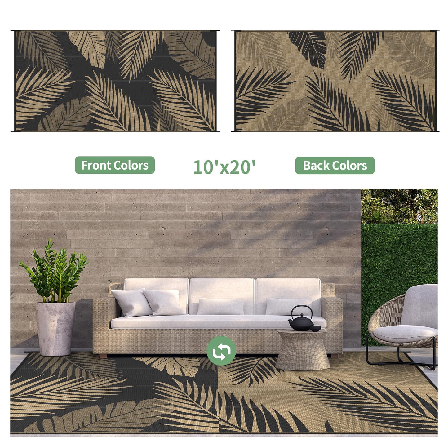 GENIMO Outdoor Rug 10' x 20' Waterproof for Patios Clearance, Reversible Outdoor Plastic Straw Camping Rug Carpet, Large Area Rugs Mats for RV, Camper, Deck, Balcony, Porch, Beach, Picnic, Black&Brown