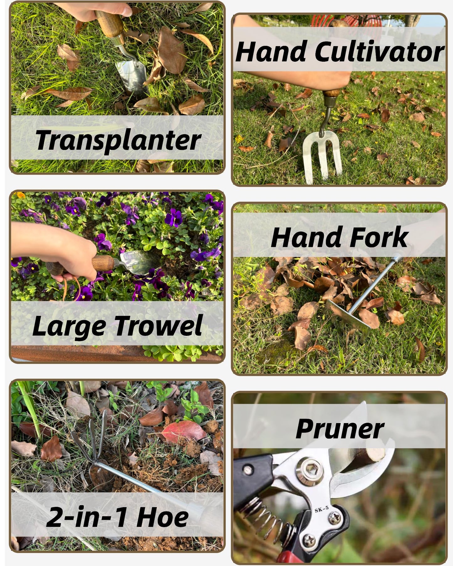 Garden Tool Set, 6PCS Heavy Duty Stainless Steel Gardening Hand Tools with Ropes, Includes Hand Cultivator Shovel Trowel Transplanter 2-in-1 Hoe Pruner Ideal Gardening Gifts for Women Men (Upgrade)