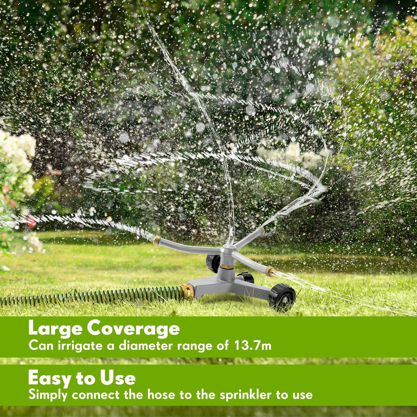 Tiangrid 2 Pcs Metal Rotary Lawn Water Sprinkler 3 Arm Heavy Duty Automatic Revolving Whirling with Wheeled Base for Lawn Yard Garden Backyard, Can Be Chained Together