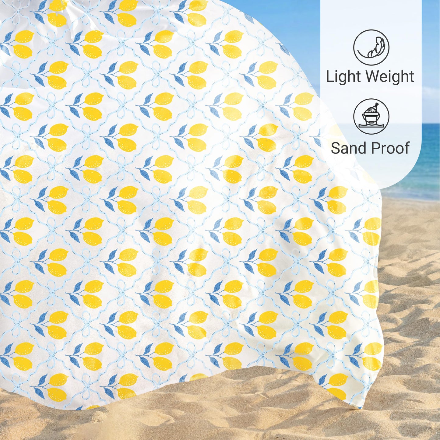 Sunlit Large Beach Blanket Waterproof Sand Proof, 81" x106" Sand Free Mat with Corner Pockets and Storage Bag, for Travel Beach Camping Outdoor Festival, Chic Summer Accent Lemon Lattice