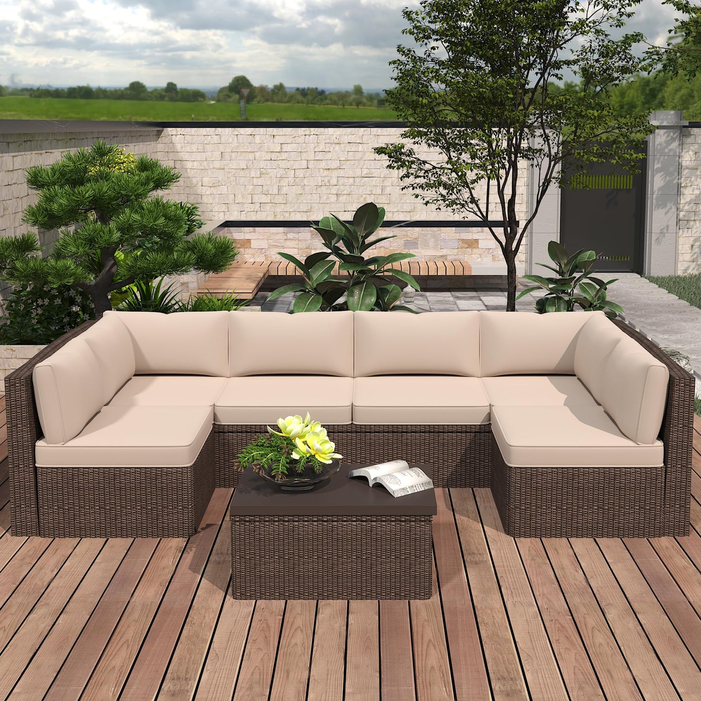 WiNVO 14-Piece Outdoor Replacement Cushions for Patio Furniture, Deep Seat Cushions for 6-Seat Sectional Rattan Sofa, Water-Resistant Couch Cushion Set with Non-Slip Backing, Cream White