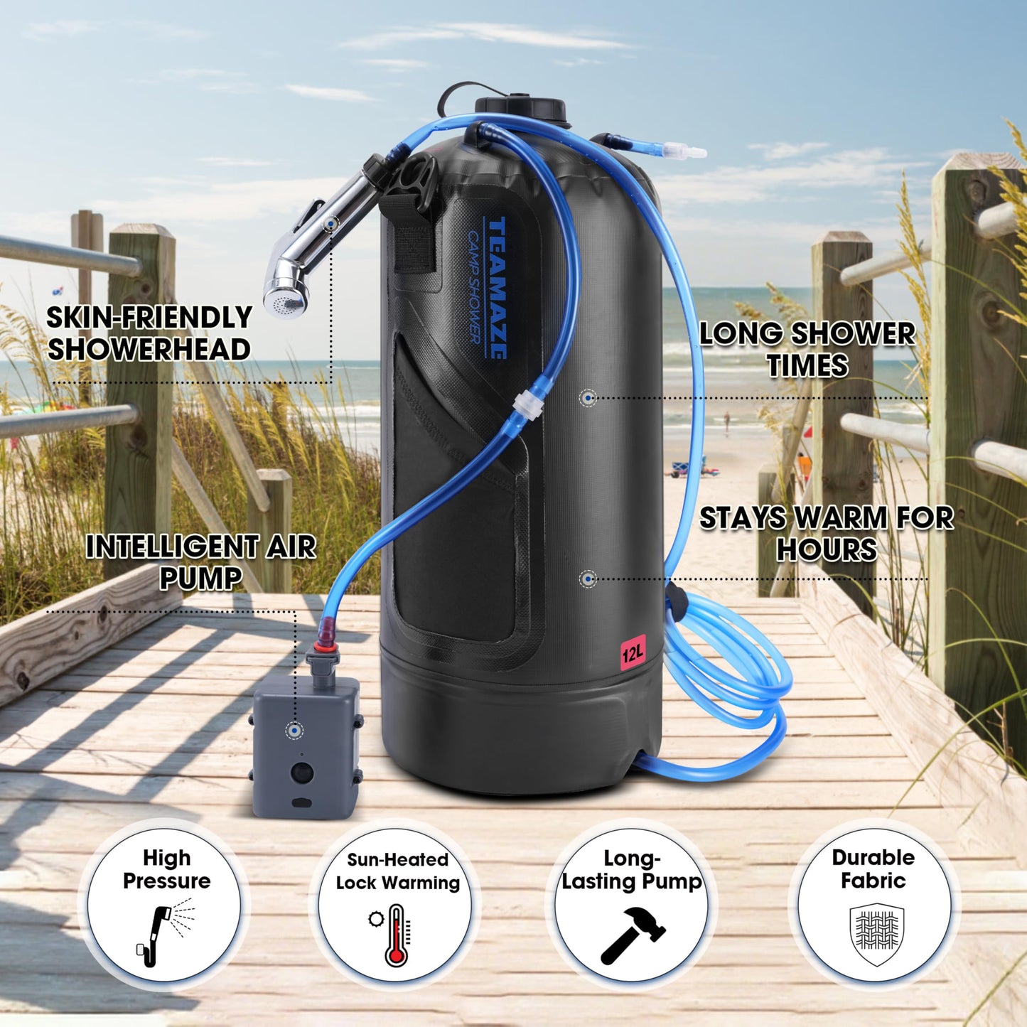 Teamaze Camping Shower,12L Portable Camp Shower Bag with Upgraded Screw Lid, Auto Pressure Pump, Solar Shower, Camping Shower Head for Beach Camping, Hiking, Traveling, Washing