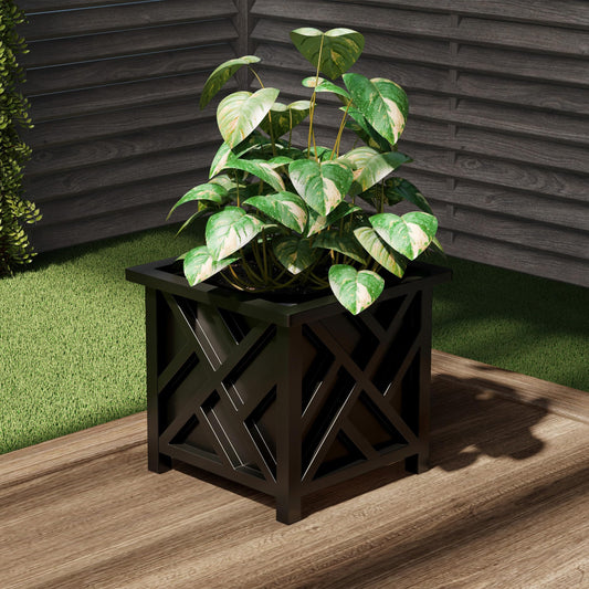 Lattice Design Outdoor Planter Box - 14.75” Square 13” Tall Black Plant Pot - Decorative Plant Pots for Front Porch Decor - Flower Pots Outdoor Planters for Porch Patio or Garden Decor by Pure Garden