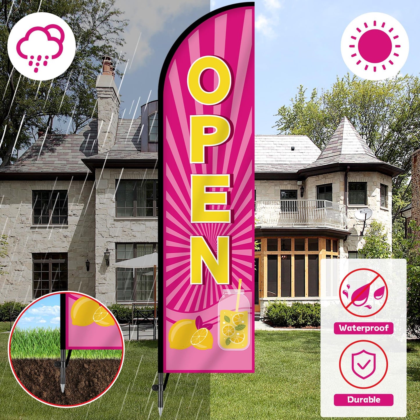 2 Sets Lemonade Feather Flag for Business Advertising 11 FT Summer Lemonade Swooper Flag Sign with Pole Ground Stake Portable Bag Windless Welcome Open Banner for Outside Garden Business Store (Pink)