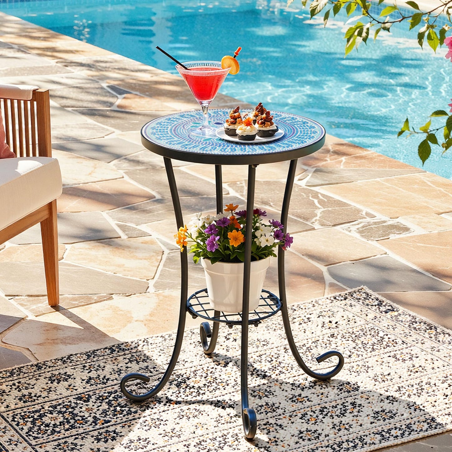 Ultym Side Table Outdoor, Mosaic Patio Table with Planter Stand, 22" H Iron Coffee End Table,Weather Resistant Tile Top Metal Drink Bar Table for Indoor Garden Balcony Yard Bistro Balcony