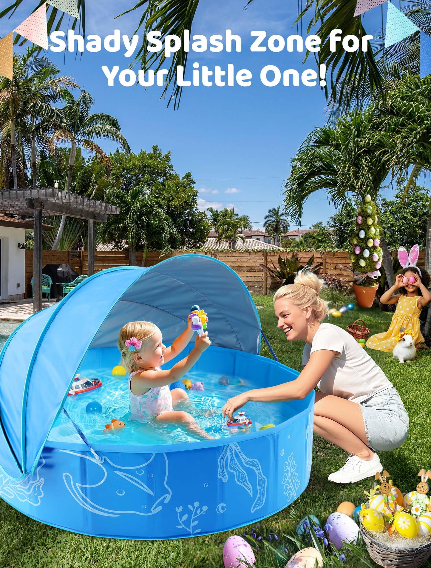 Hikiddy Foldable Kiddie Pool with Canopy: 31.5in/ 47in /63in for Baby Toddler Kids Family - Summer Water Play Pool with Shade - Portable for Outdoor Backyard Beach (Blue-Blue, 47in)