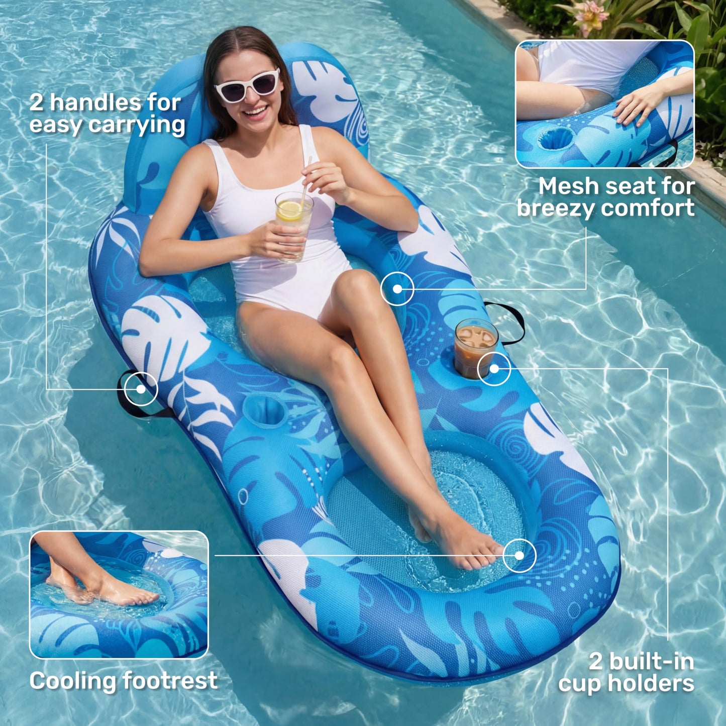 SLOOSH Premium Pool Floats Lounger for Adults - Inflatable Fabric Covered Float Recliner Pool Lounge Chair with Backrest & Cup Holders for Beach Lake Swimming Pool Water