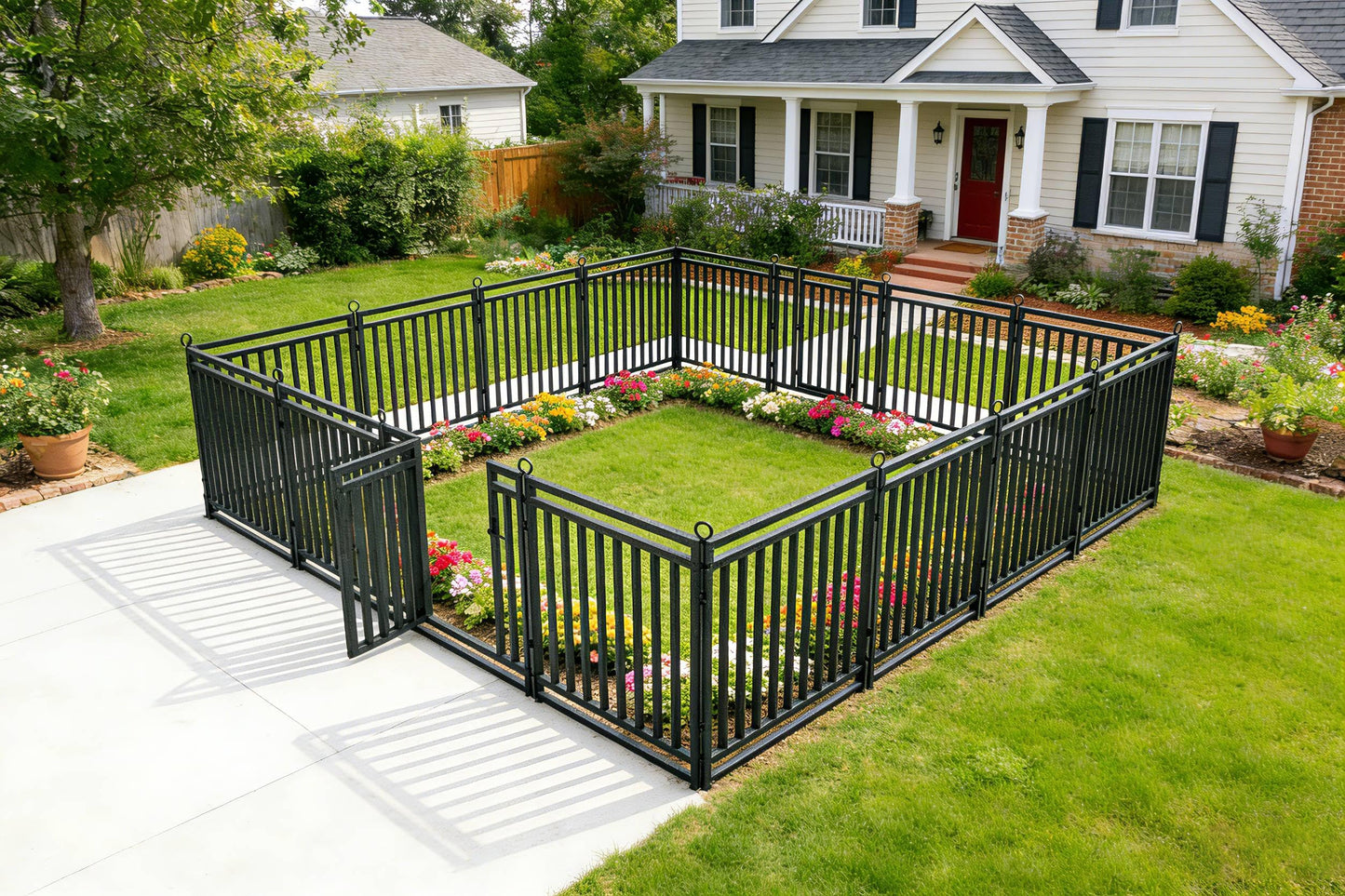 Decorative Garden Fence Metal Dog Fence Outdoor for Yard, 36ft (L) × 40in (H), 14 Panels + 2 Gates, Rustproof Animal Barrier Fencing for Patio & Flower Bed, No Dig, Black-Silver