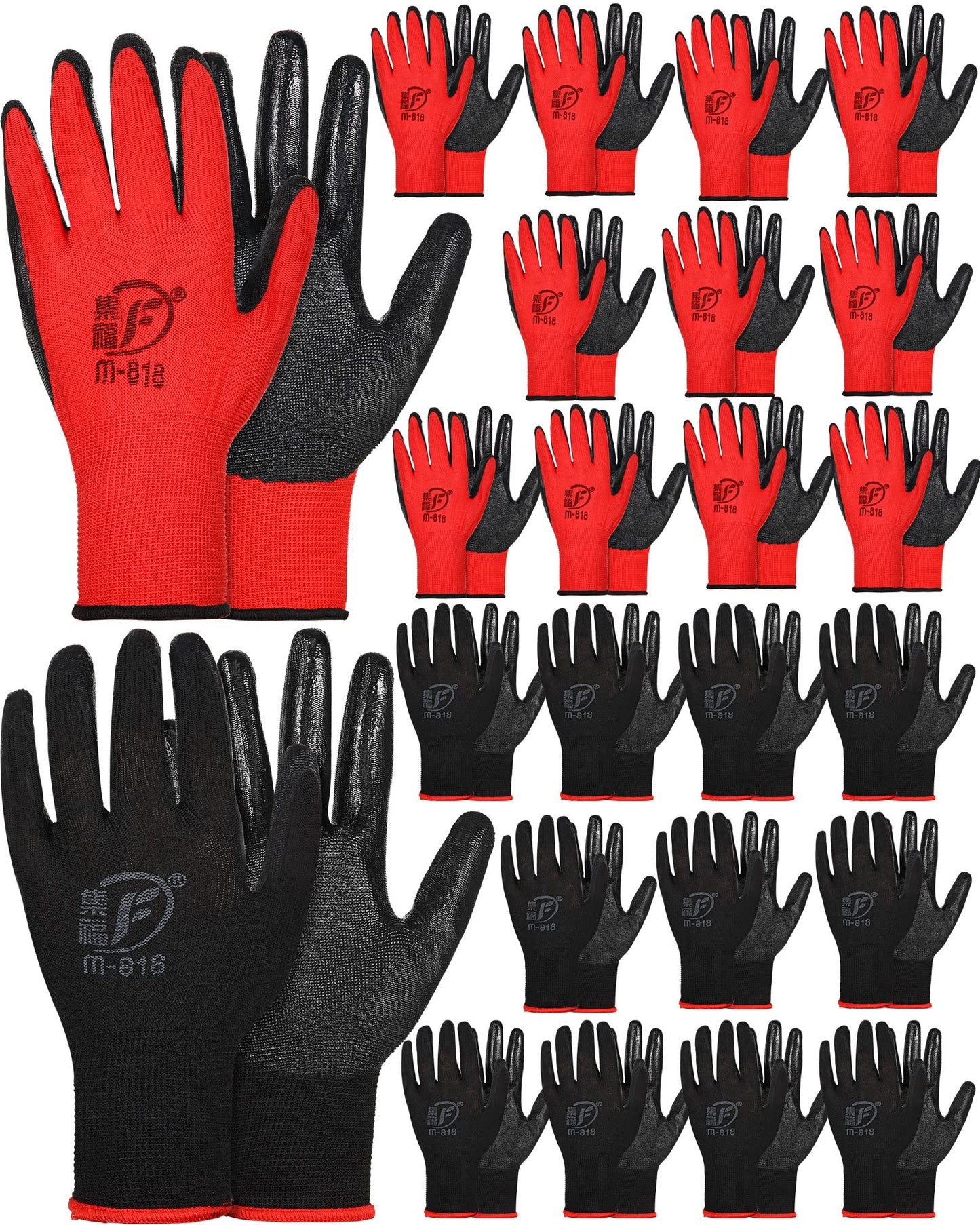 Nuogo 24 Pairs Gardening Gloves for Men Women Rubber Coated Landscaping Work Gloves Safety Work Construction(Black, Red)