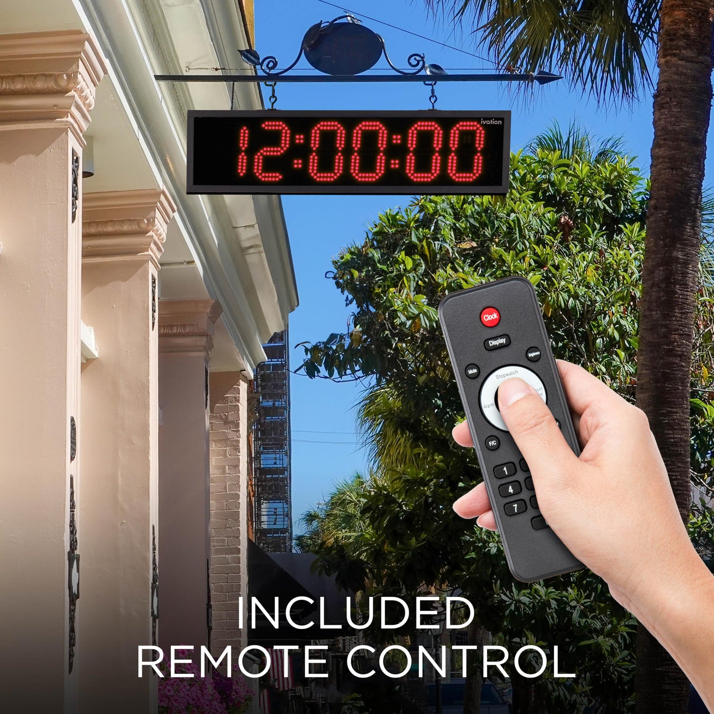 Ivation Oversized 36" Outdoor Waterproof Digital Clock, Auto Time Sync - LED Digital Clock with Large Multi Function Display - Stopwatch, Timer, Alarms, Temp & Date - Wall or Chain Mount (Red)