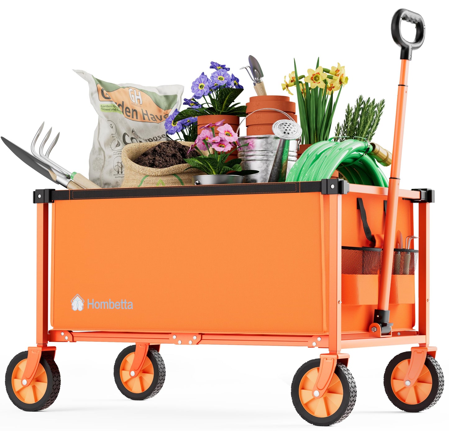Hombetta Collapsible Wagon Cart with Wheels, 150L Lightweight Foldable Utility Cart, Portable Rolling Wagon for Garden, Shopping, Sports, Camping, Transport, Orange