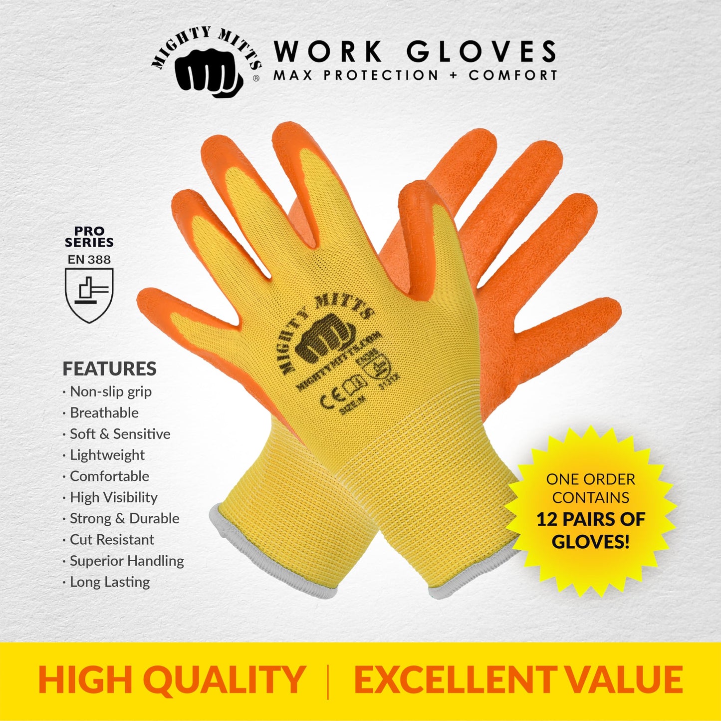 Mighty Mitts Work Gloves for Men and Women, 12 Pairs – Textured Grip, Touchscreen Compatible, Lightweight & Breathable Safety Gloves for Warehouse, Construction, Gardening, Landscaping – Large
