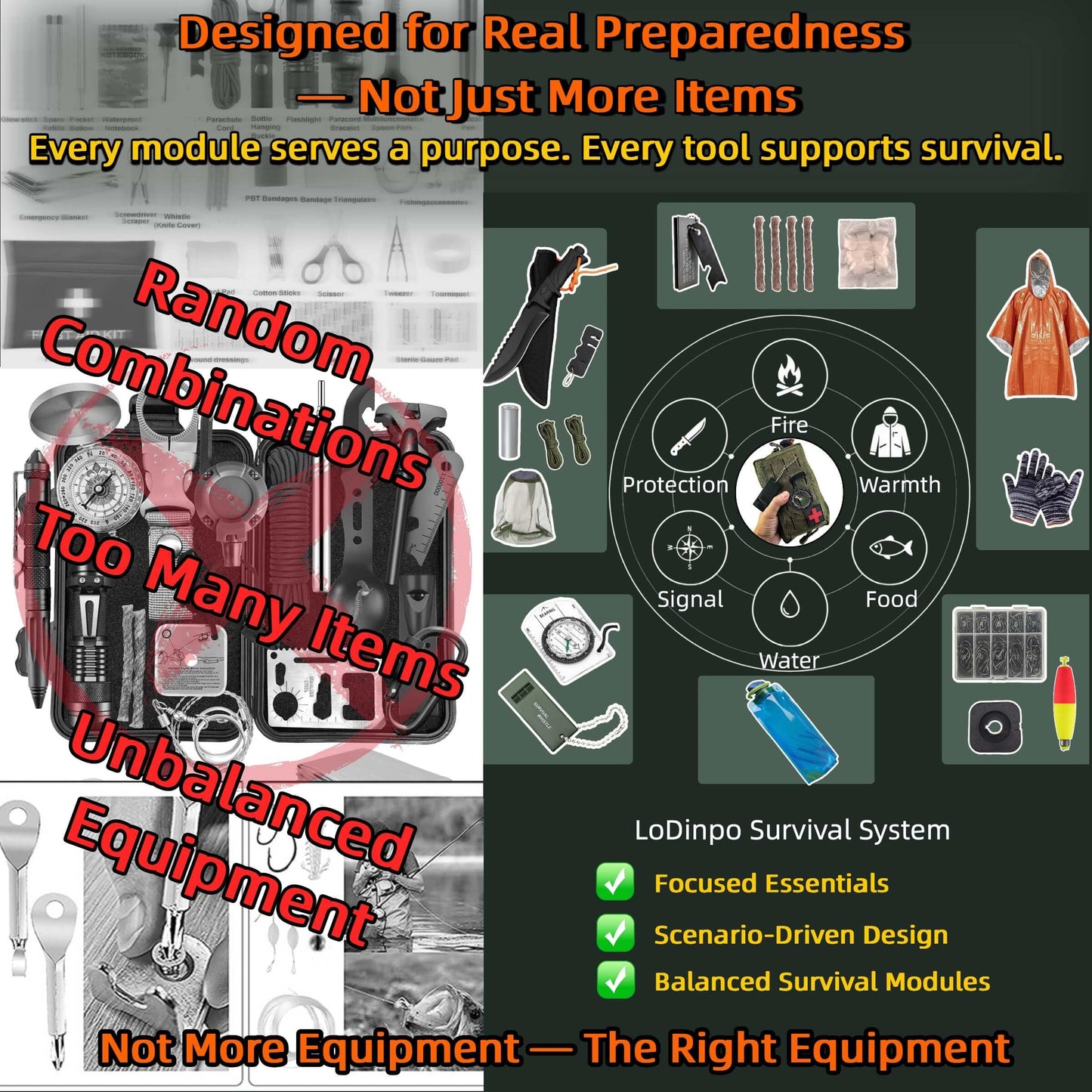 LoDinpo Camping Survival Kit, All in One Outdoor Emergency Gear with Knife, Fire Starter, Fishing Kit, Water Pouch & Compass for Hiking Backpacking Bushcraft Gift for Him