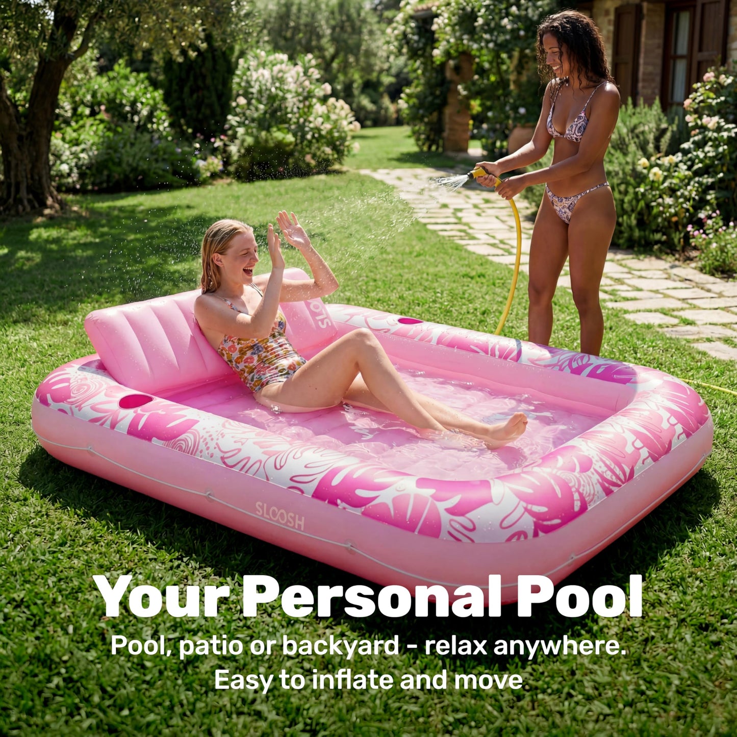 SLOOSH Inflatable Tanning Pool Lounger Float, 85" x 57" Extra Large Pool Floats Adult with Pillow, 4 in 1 Suntan Tub Raft Floatie,Sunbathing Bed Lounge for Water Blow Up Ball Pit, XL-Blushing Pink