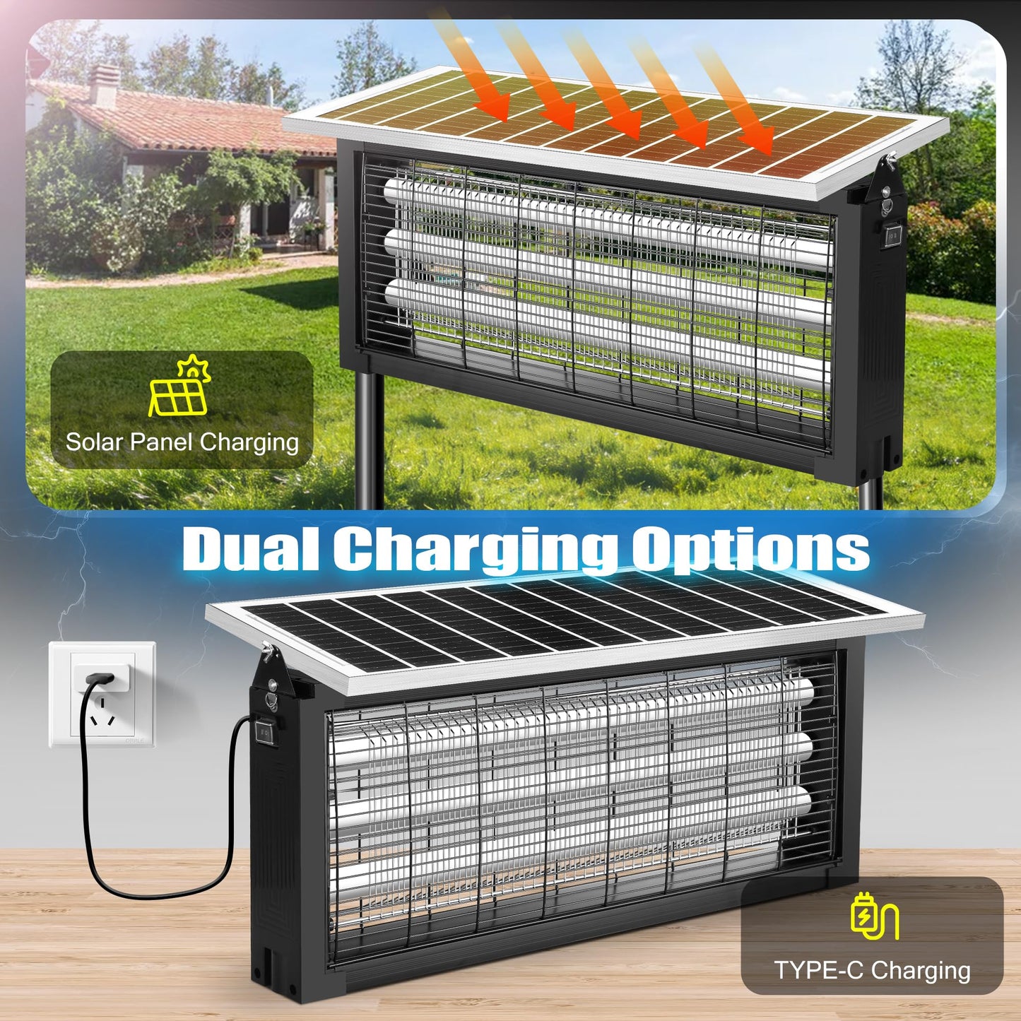 Solar Bug Zapper Outdoor - Mosquito Electric Fly Zapper 30W Waterproof - Cordless Solar Powered Bug Zapper for Patio Garden Backyard RV Camping Pond