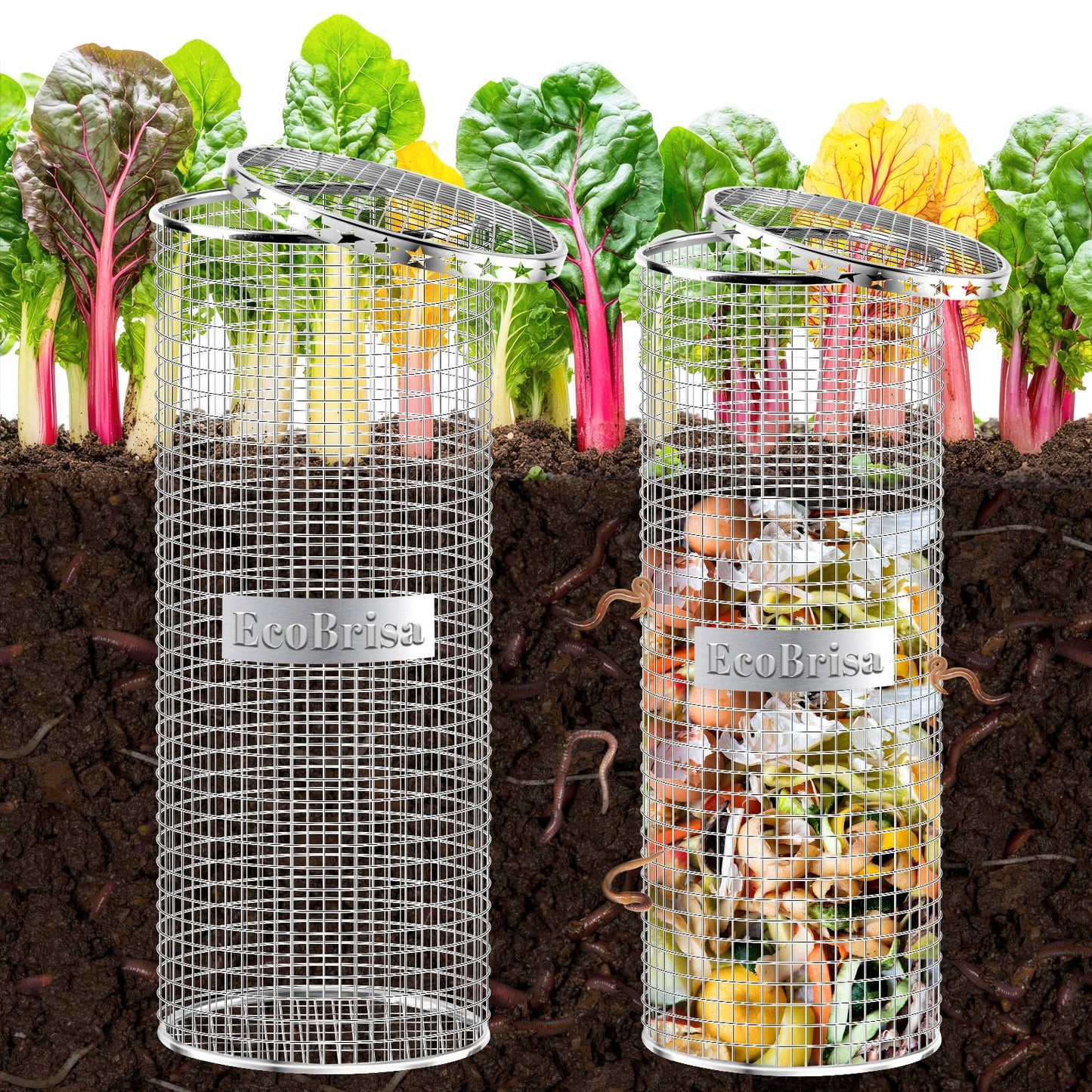 EcoBrisa 2pack Underground Worm Composting Bin, Metal Compost Bin for Recycling Kitchen Food Waste, Outdoor Worm Compost Bin with Holes and Lid Use in Outdoor Garden Vegetable Patch Backyard