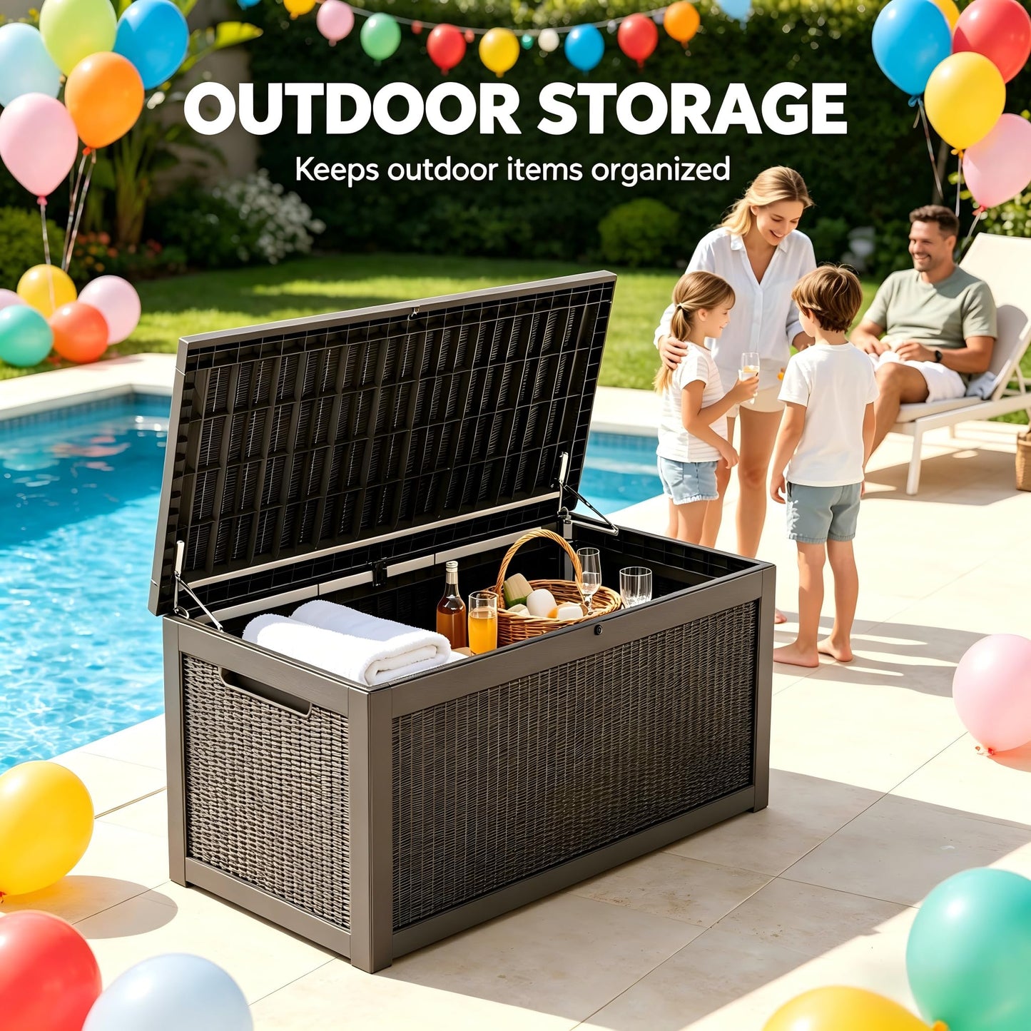 328 Gallon Waterproof Outdoor Storage Box, Heavy Duty Resin Deck Box Lockable, Large Outside Patio Storage Bench for Garden Tools & Pool Accessories, Hydraulic Lift, All-Season UV-Resistant, Brown