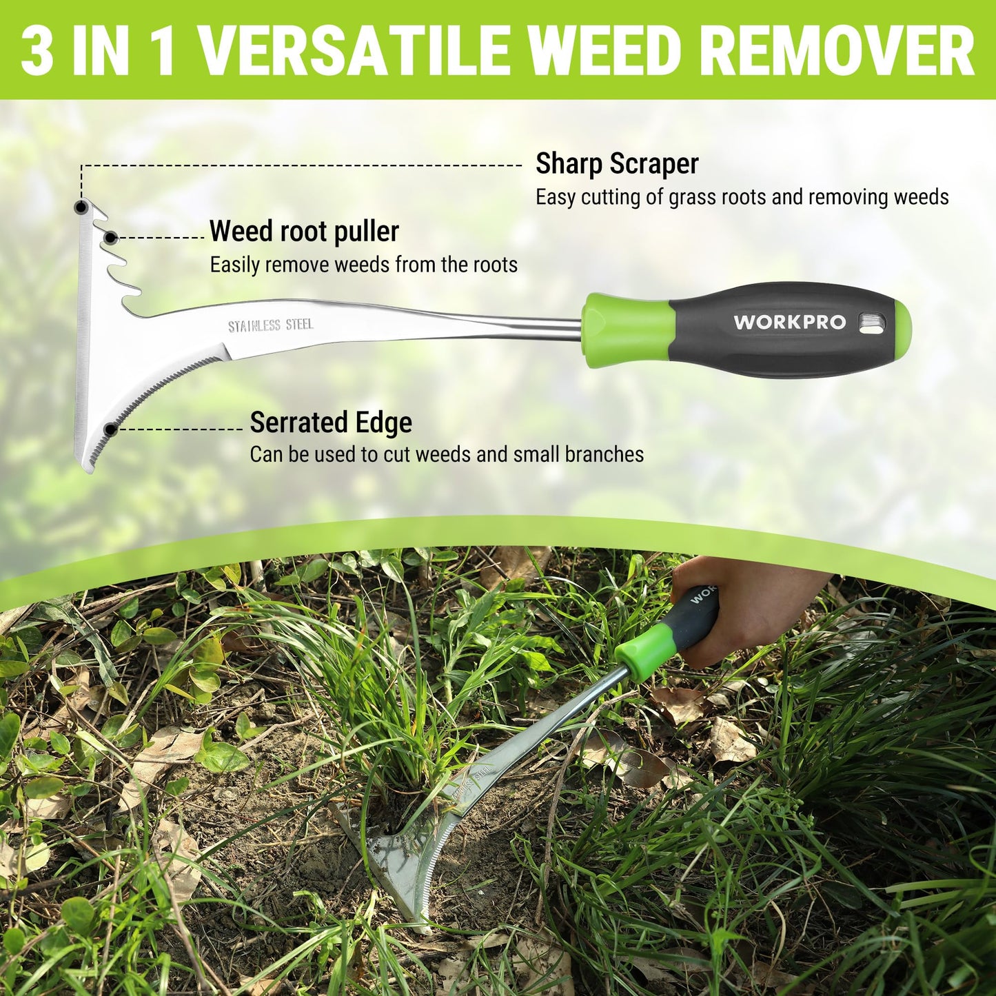 WORKPRO 3-Piece Weed Puller Tool Set – 15" 6-Tine Weed Remover, 12" Hand Weeder, 12.5" Crack Weeder, Stainless Steel with Ergonomic Handle for Lawn, Garden, Yard