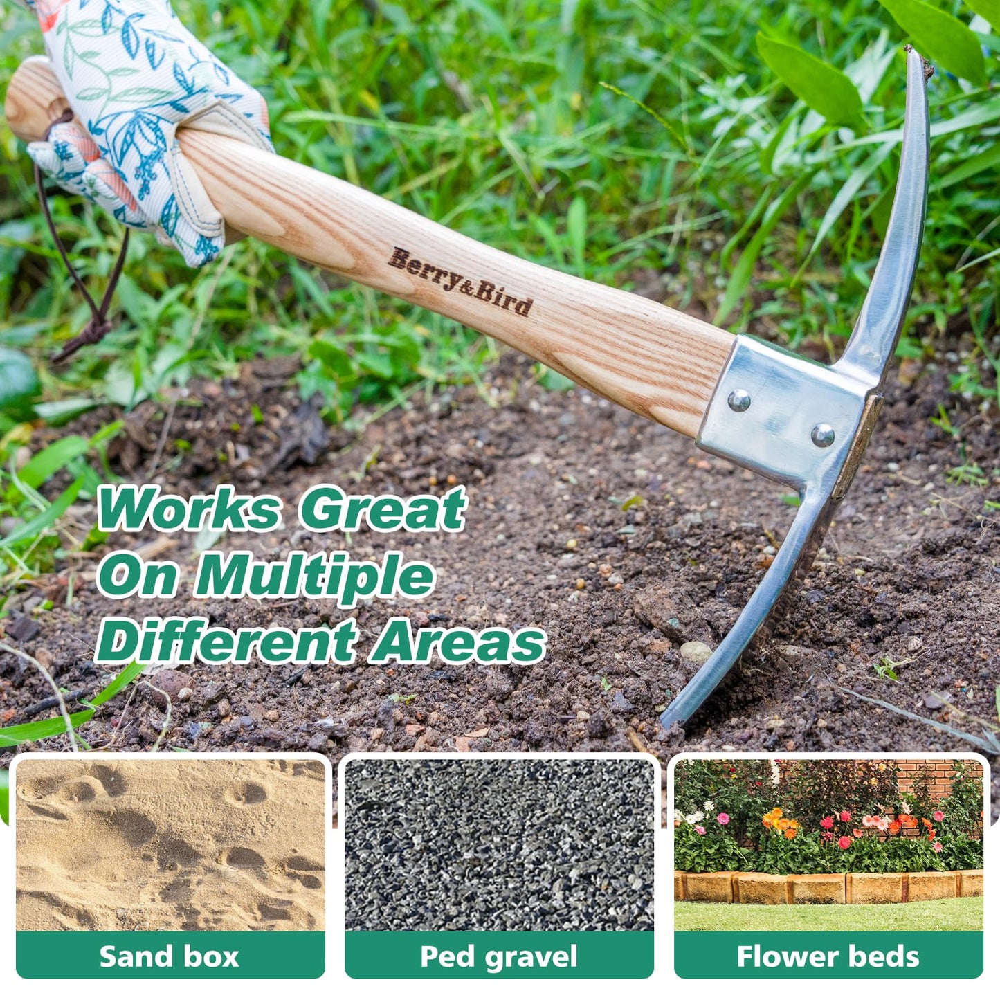 Berry&Bird Gardening Pick Axes, Stainless Steel Pickaxe Mattock Hoe with Wooden Handle, Heavy Duty Pick Axe Hand Tool for Transplanting Digging Planting Loosening Soil Camping or Prospecting