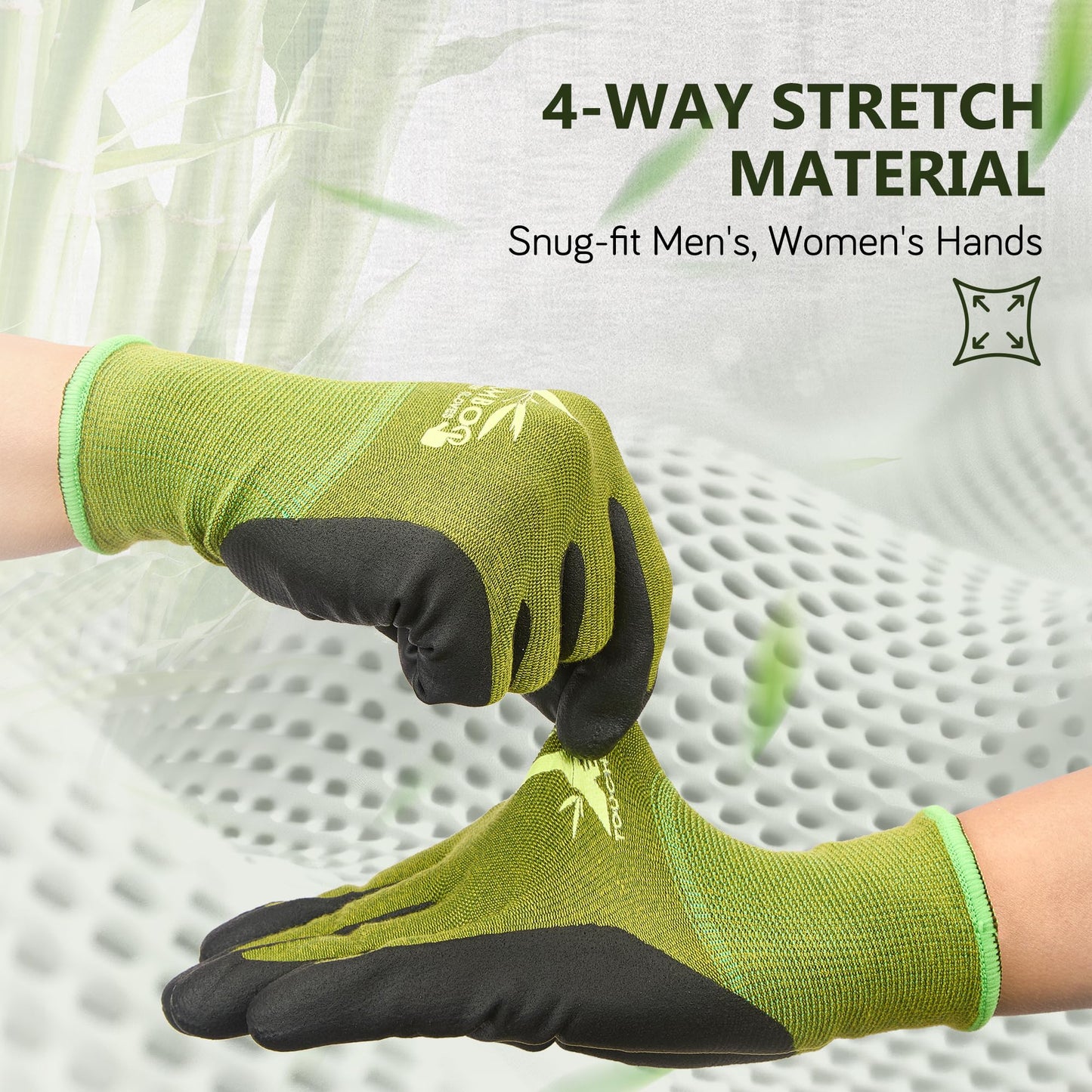 COOLJOB 2 Pairs Gardening Gloves for Women and Men, Bamboo Working Gloves Touchscreen, Grippy Nitrile Rubber Coated Work Gloves, Green/Black, Large Size (2 Pairs L)