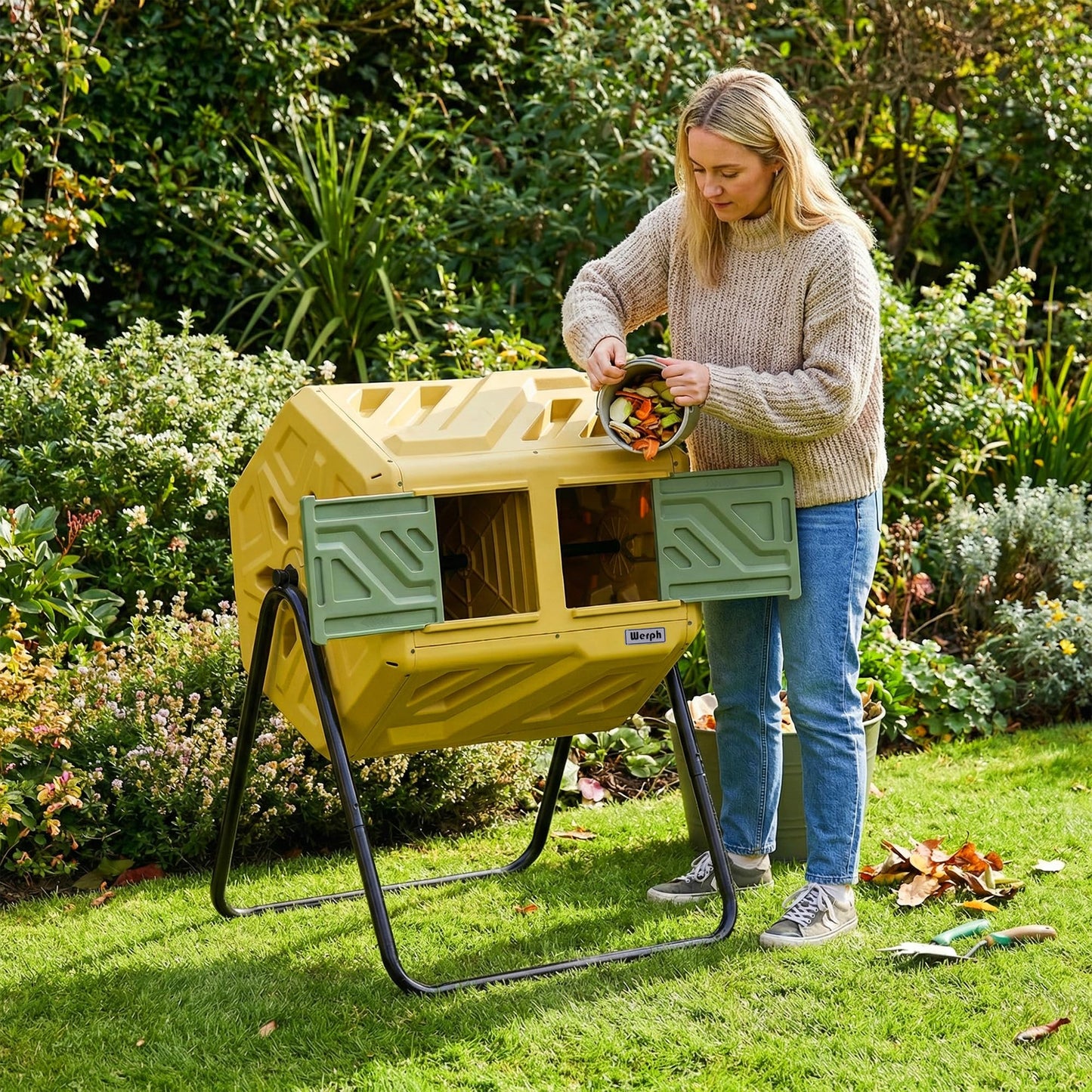 Werph Updated 43 Gallon Dual-Chamber Compost Bin, Fast Assembly Outdoor Compost Tumbler, Rotating Batch Composter Bin with Gloves for Garden, Kitchen, and Yard