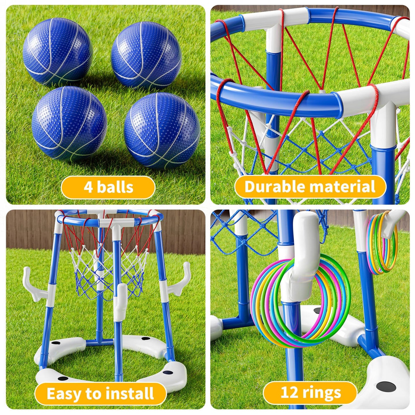 NIPLOOOW Pool Basketball Hoop, 2-in-1 Floating Pool Toys Ring Game with 4 Balls and Pump, Outdoor Swimming Pool Basketball Games Water Play Toy Family Party for Kids Adults Age 3-12 (Blue)