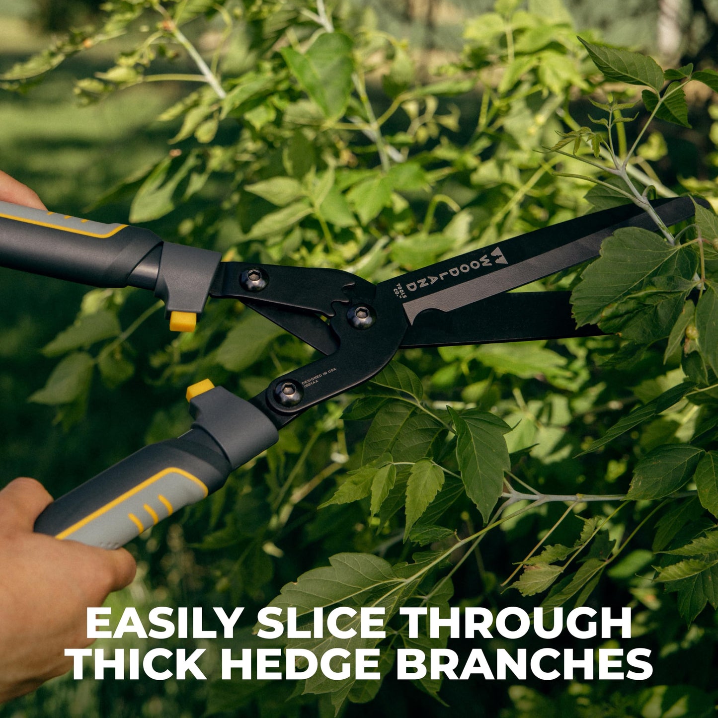 Woodland Tools Super Duty Hedge Shears, 23 Inch Manual Hedge Clippers with 10 Inch Gear-Assist Blades, Power Notch, and Non Stick Coating, Heavy Duty Trimmer for Thick Shrubs and Hedges
