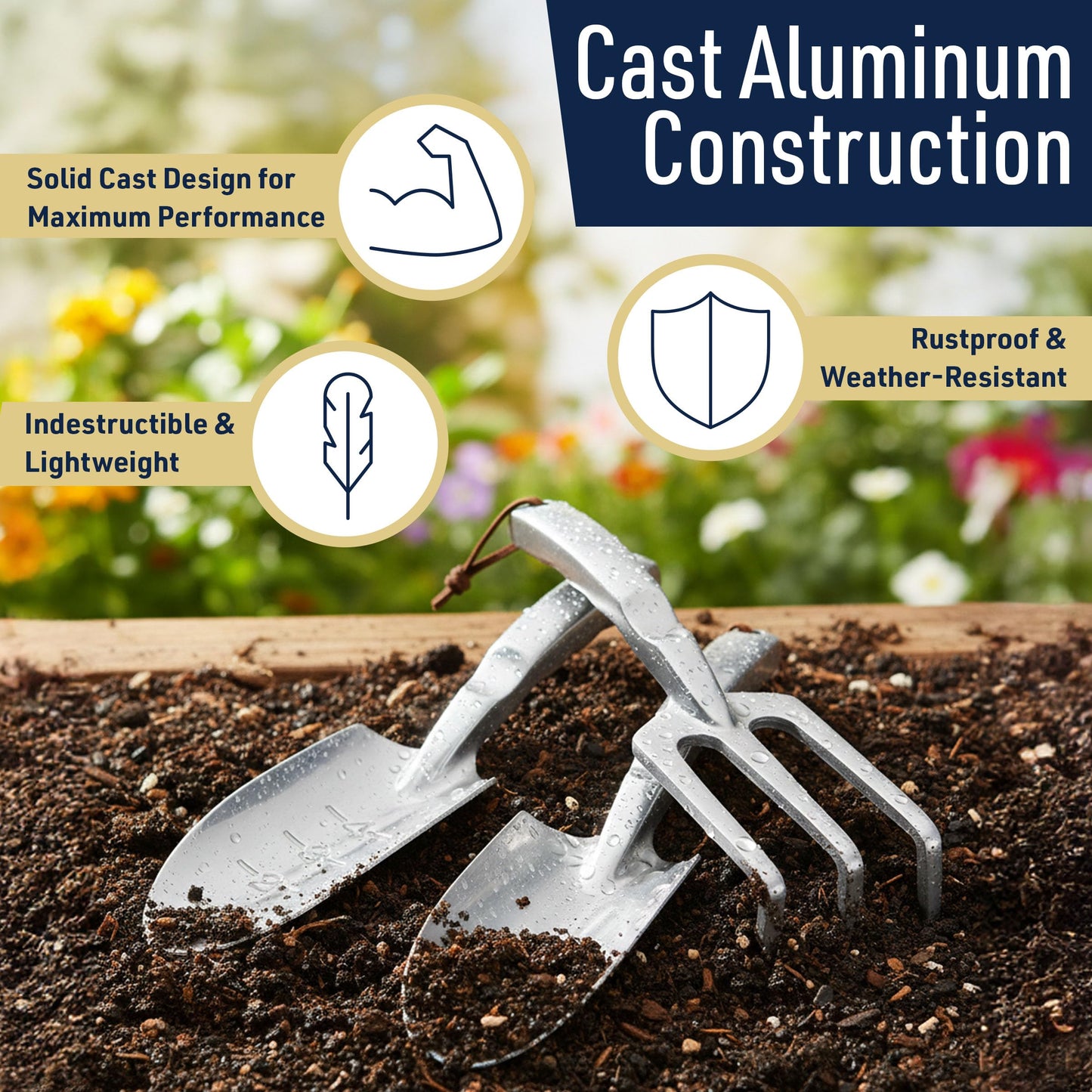 Hand Gardening Tools 3 Pack with Cultivator Hand Rake, Transplanting Shovel, and Garden Trowel for Planting - Heavy Duty Cast Aluminum Garden Tool Set with Ergonomic Handles by Kings County Tools