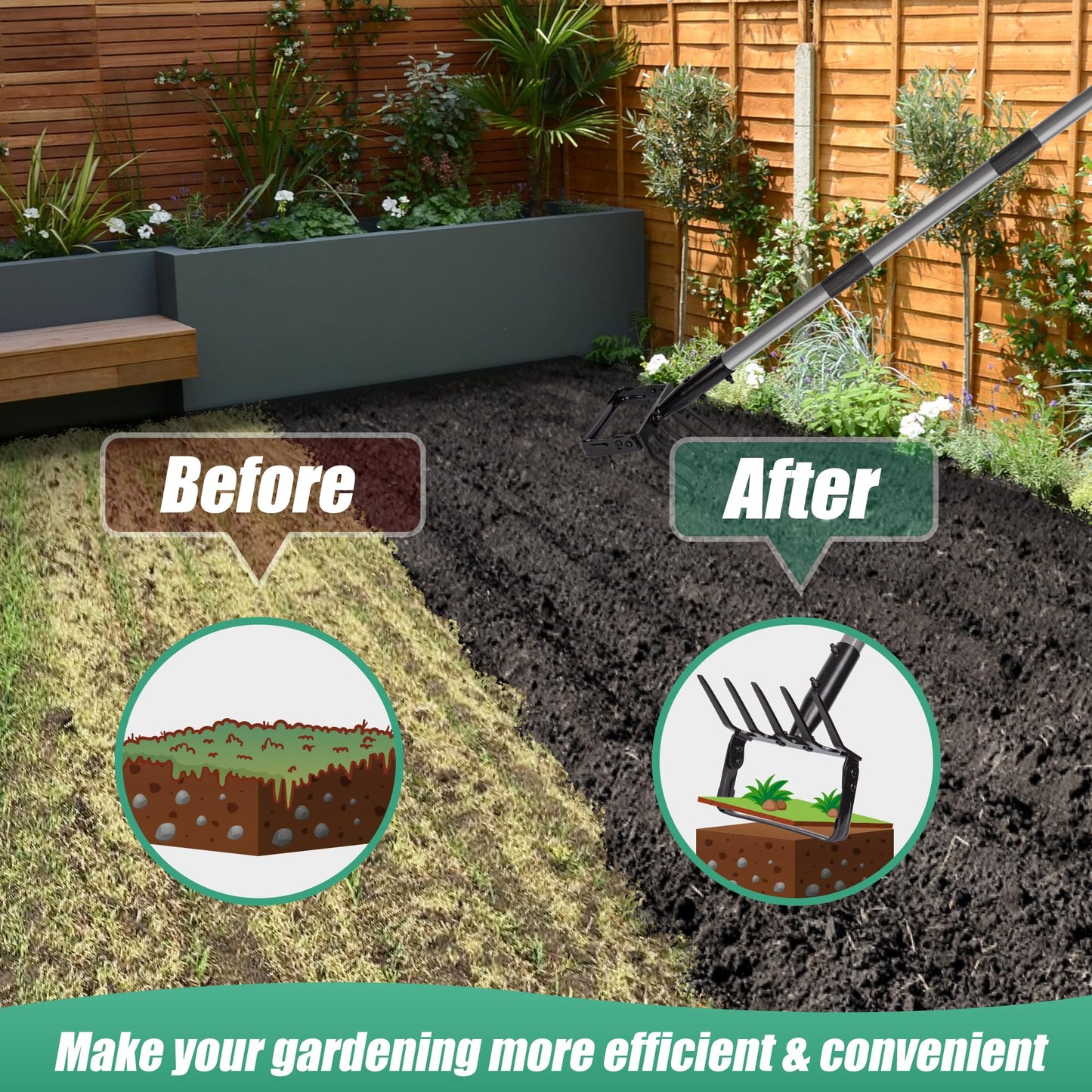 Suchtale 82 Inch Action Rake Hoe, 5-Tines Cultivator, Adjustable 37-82" Handle, Garden Weeding & Planting