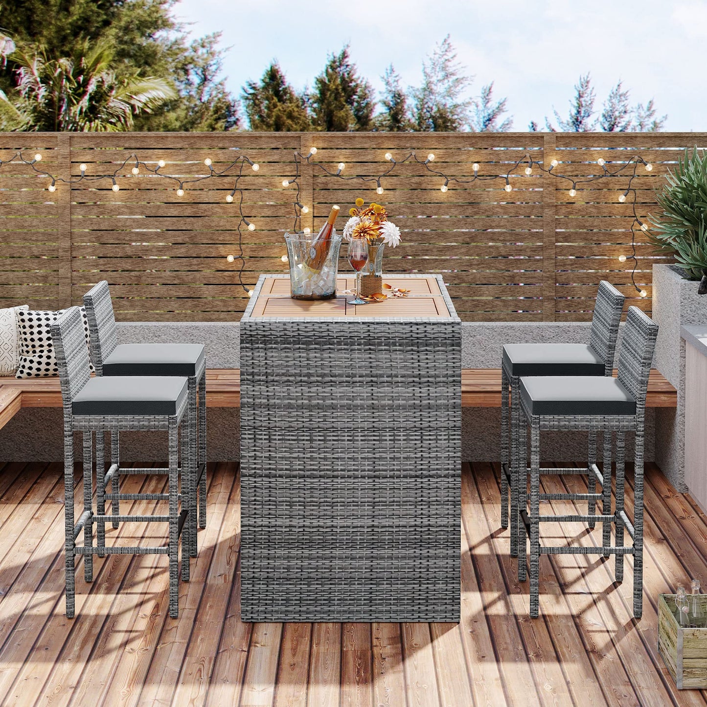 5-Piece Outdoor Wicker Bar Set with Acacia Wood Table and 4 Bar Height Chairs, Removable Cushions, Non-Slip Feet, Rope Secured Seating, Patio, Balcony, Garden, Poolside, Brown Wood Gray Wicker