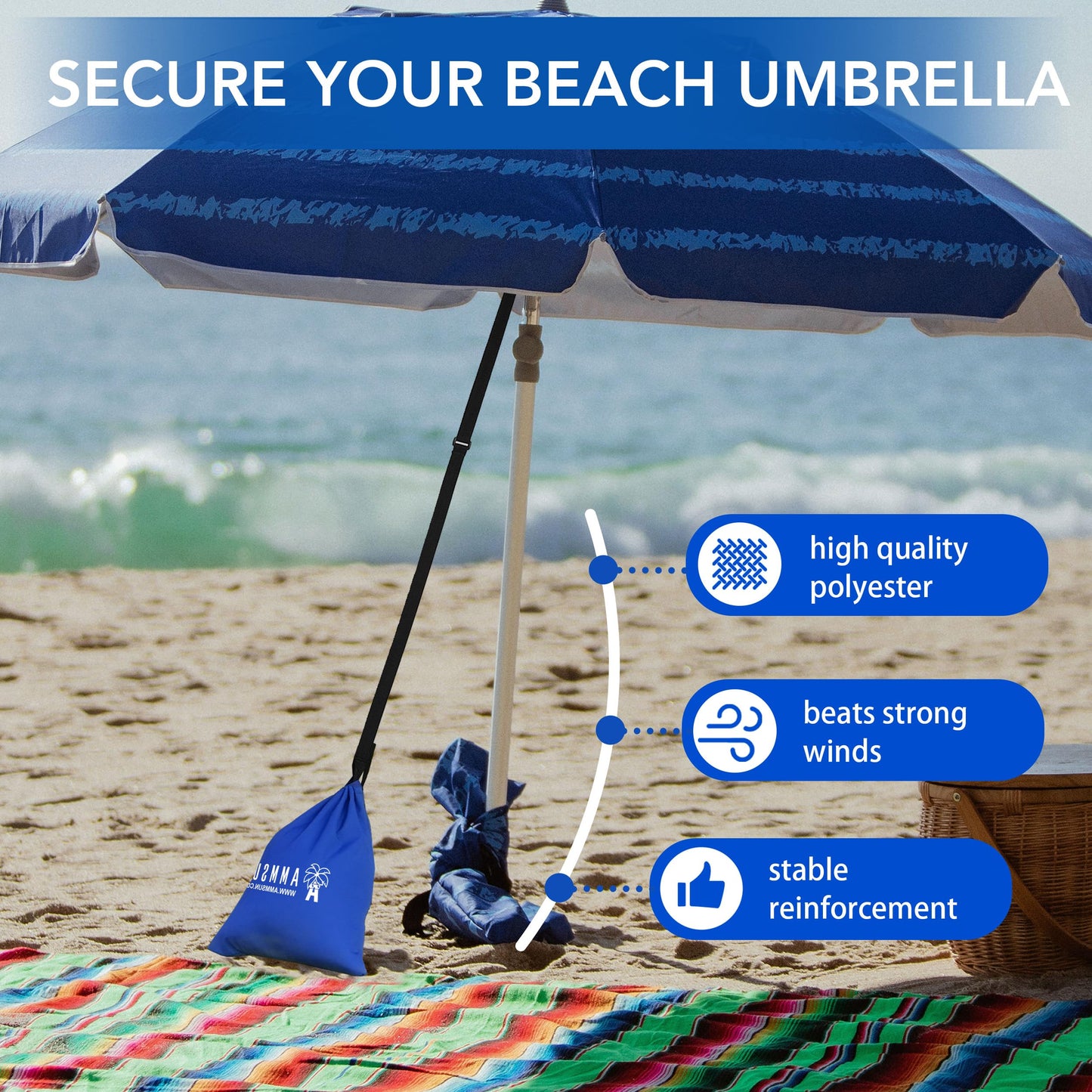 AMMSUN Beach Umbrella Sand Bag Umbrellas Anchor Weight Bags Anchor for Heavy Duty High Wind Resistant Beach Shade Tent Outdoor Canopies Windproof Portable Safe Stand Holder Universal Fit