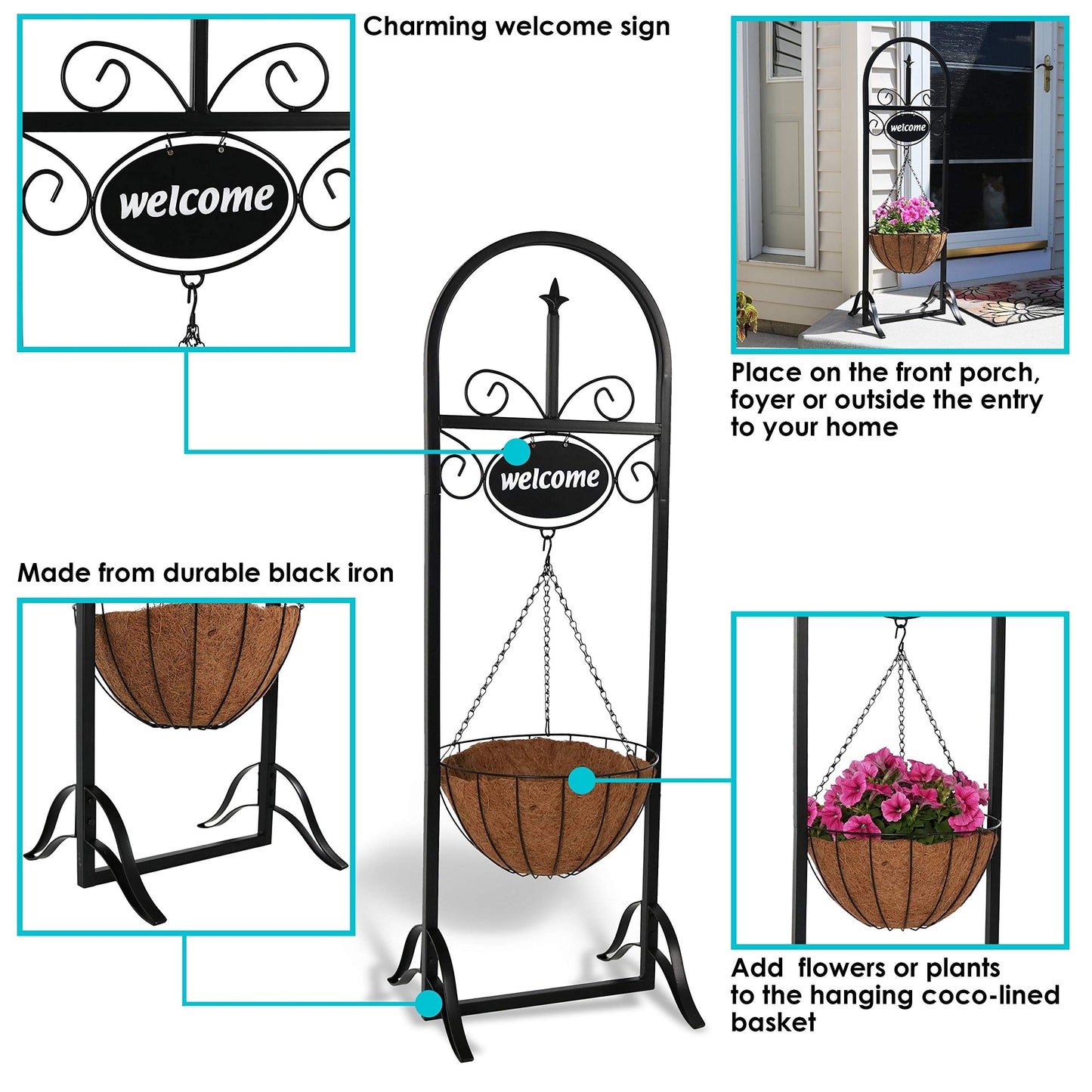 Sunnydaze Hanging Basket Planter Stand with Decorative Welcome Sign - 48-Inch Tall
